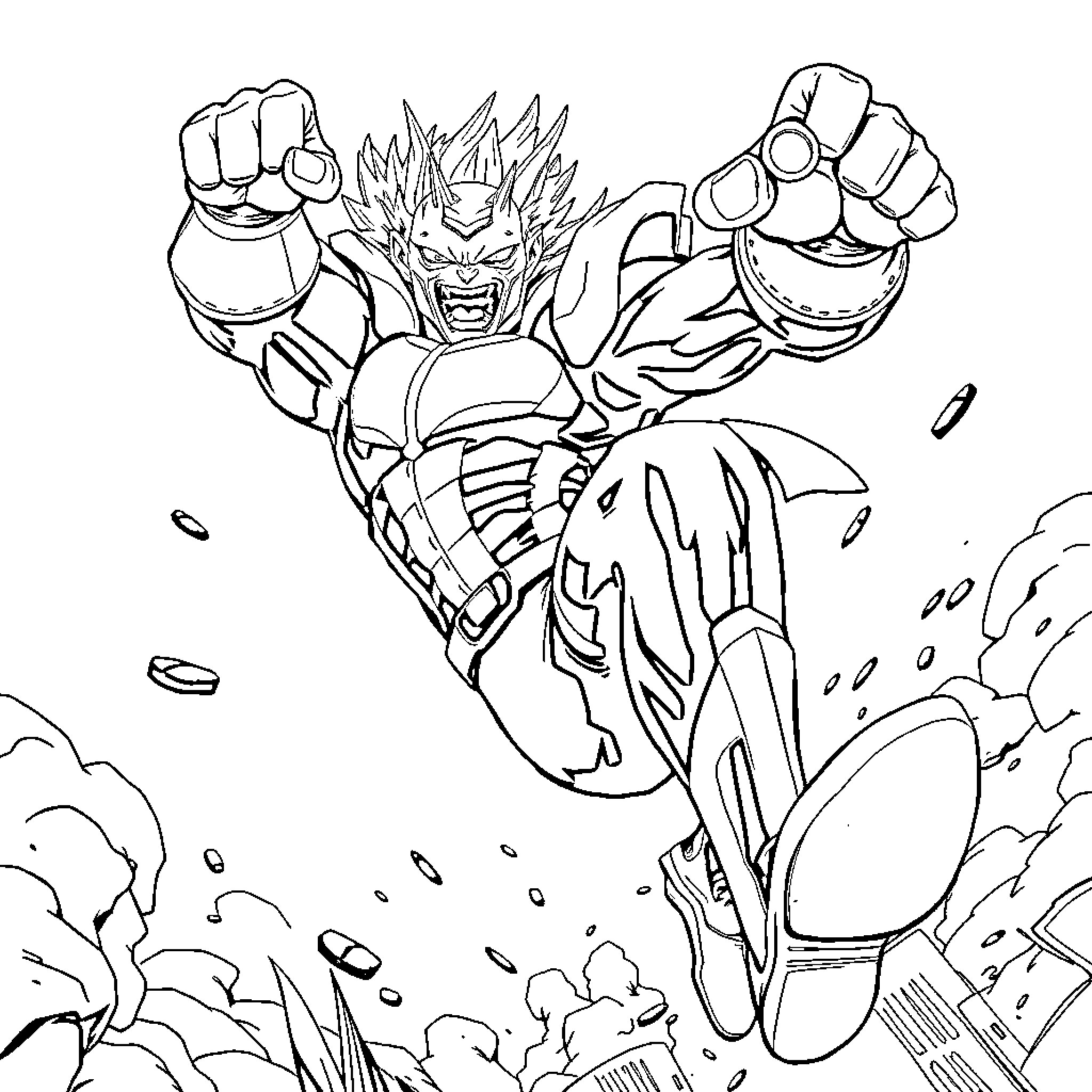 All Might's Heroic Charge into Action Coloring Page (free black-and-white line drawing printable PDF for all, from beginners to advanced learners, including children, teens, adults, and seniors)