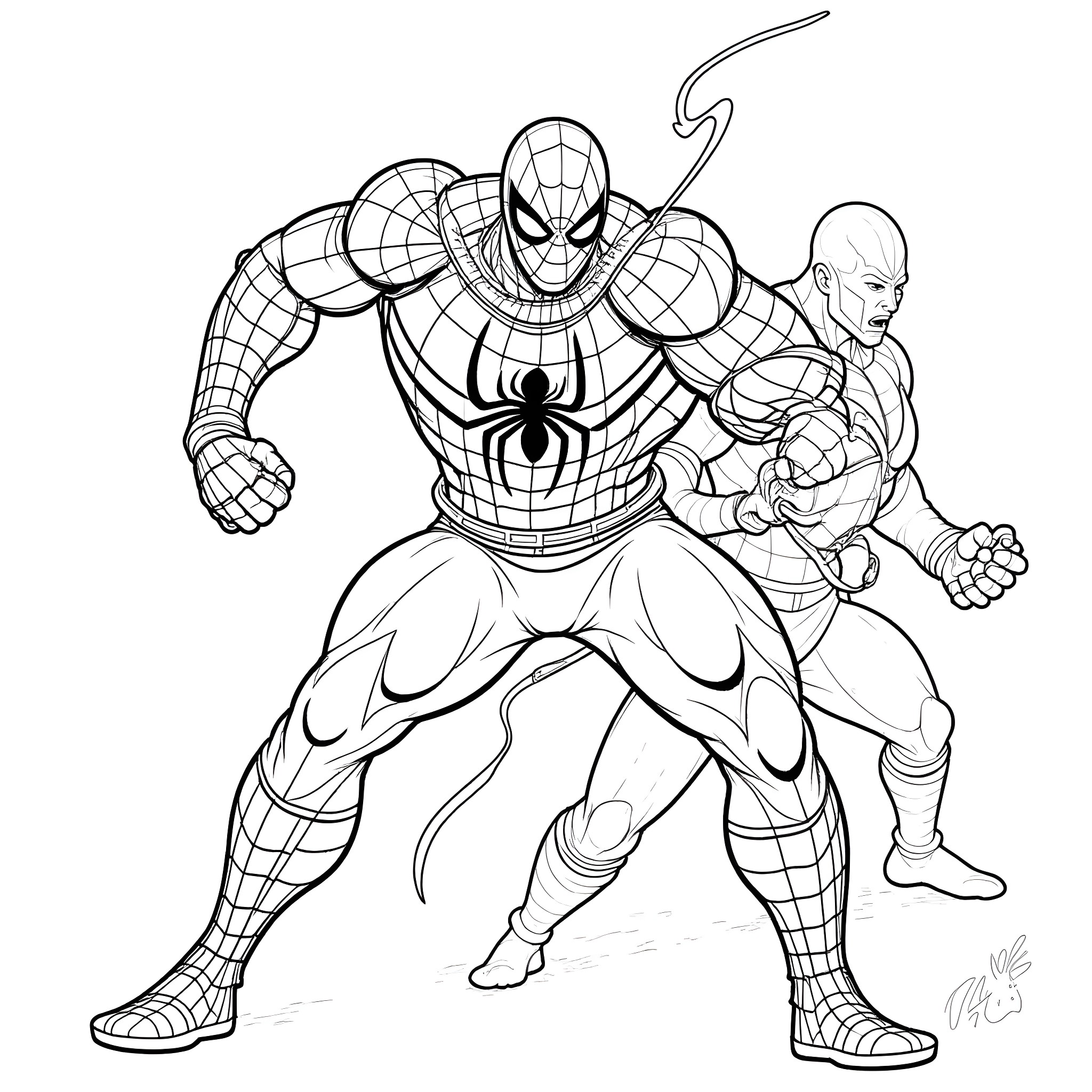 Spider-Man battling a villain in action pose Coloring Page (free black-and-white line drawing printable PDF for all, from beginners to advanced learners, including children, teens, adults, and seniors)