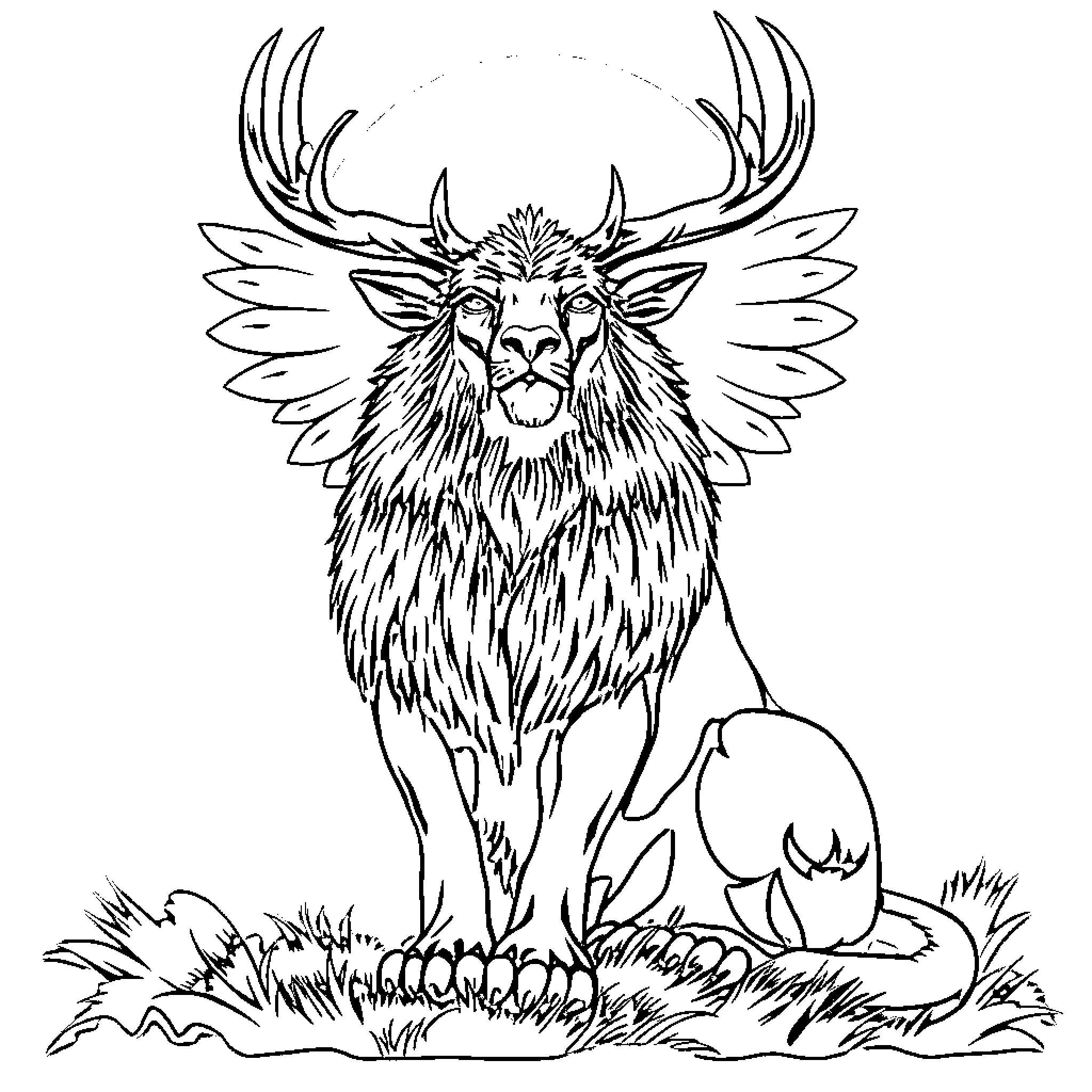 Deer-like mythical creature with wings and antlers Coloring Page (free black-and-white line drawing printable PDF for all, from beginners to advanced learners, including children, teens, adults, and seniors)