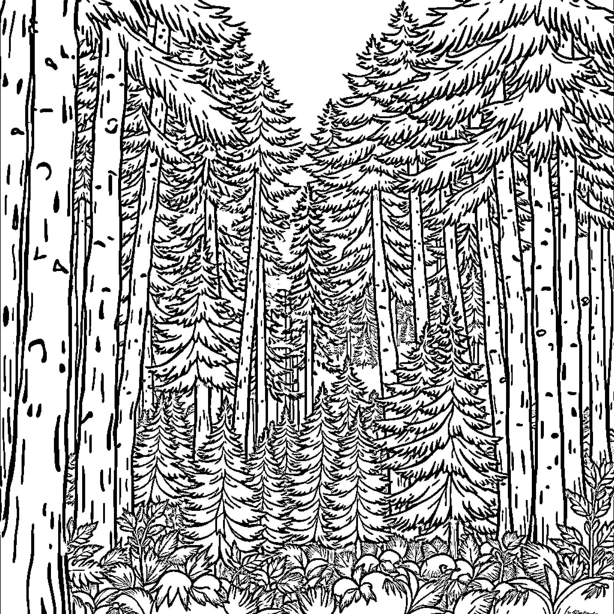 Evergreen forest scene with tall trees and lush undergrowth Coloring Page (free black-and-white line drawing printable PDF for all, from beginners to advanced learners, including children, teens, adults, and seniors)