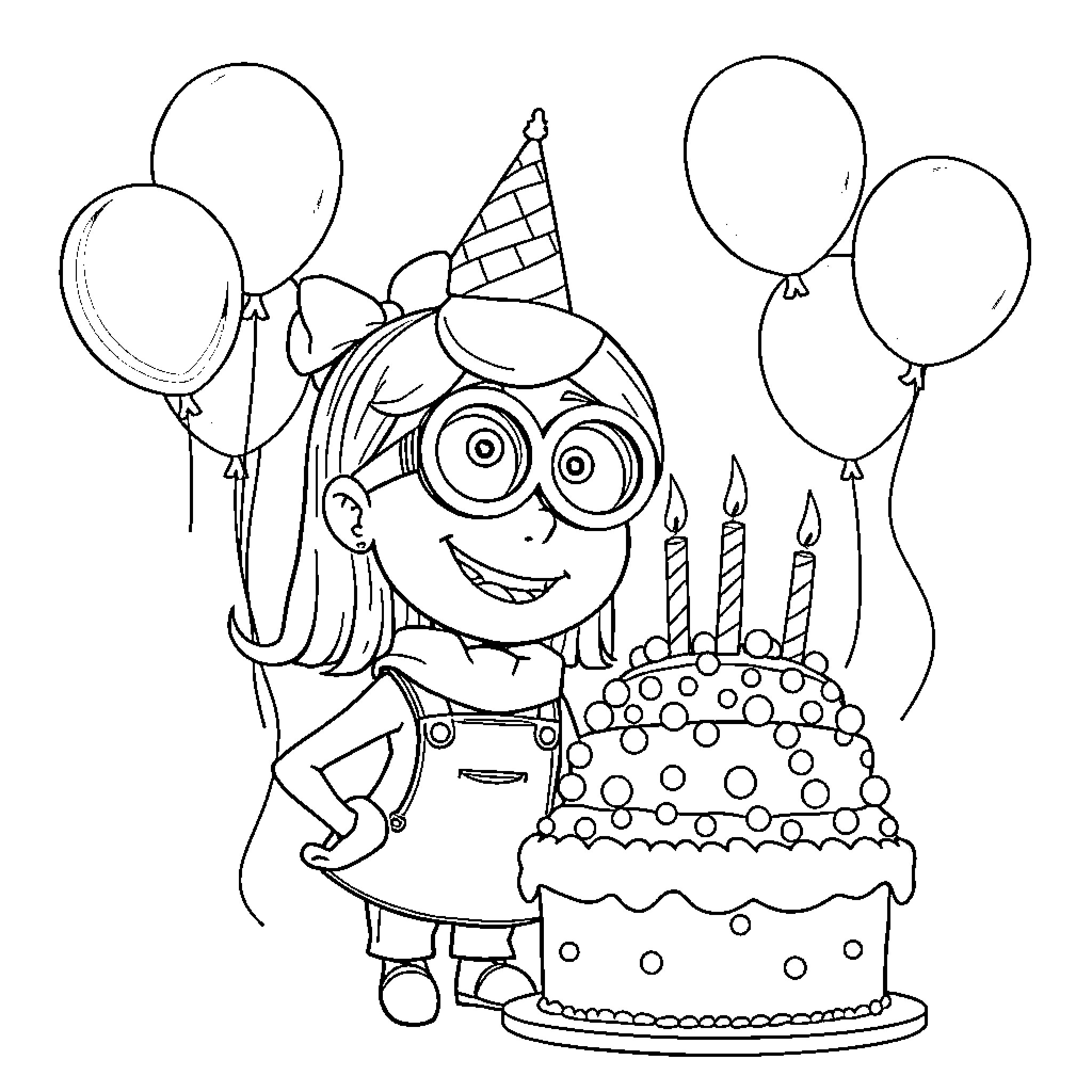 Emma's Birthday Celebration with Balloons and Cake Coloring Page (free black-and-white line drawing printable PDF for all, from beginners to advanced learners, including children, teens, adults, and seniors)