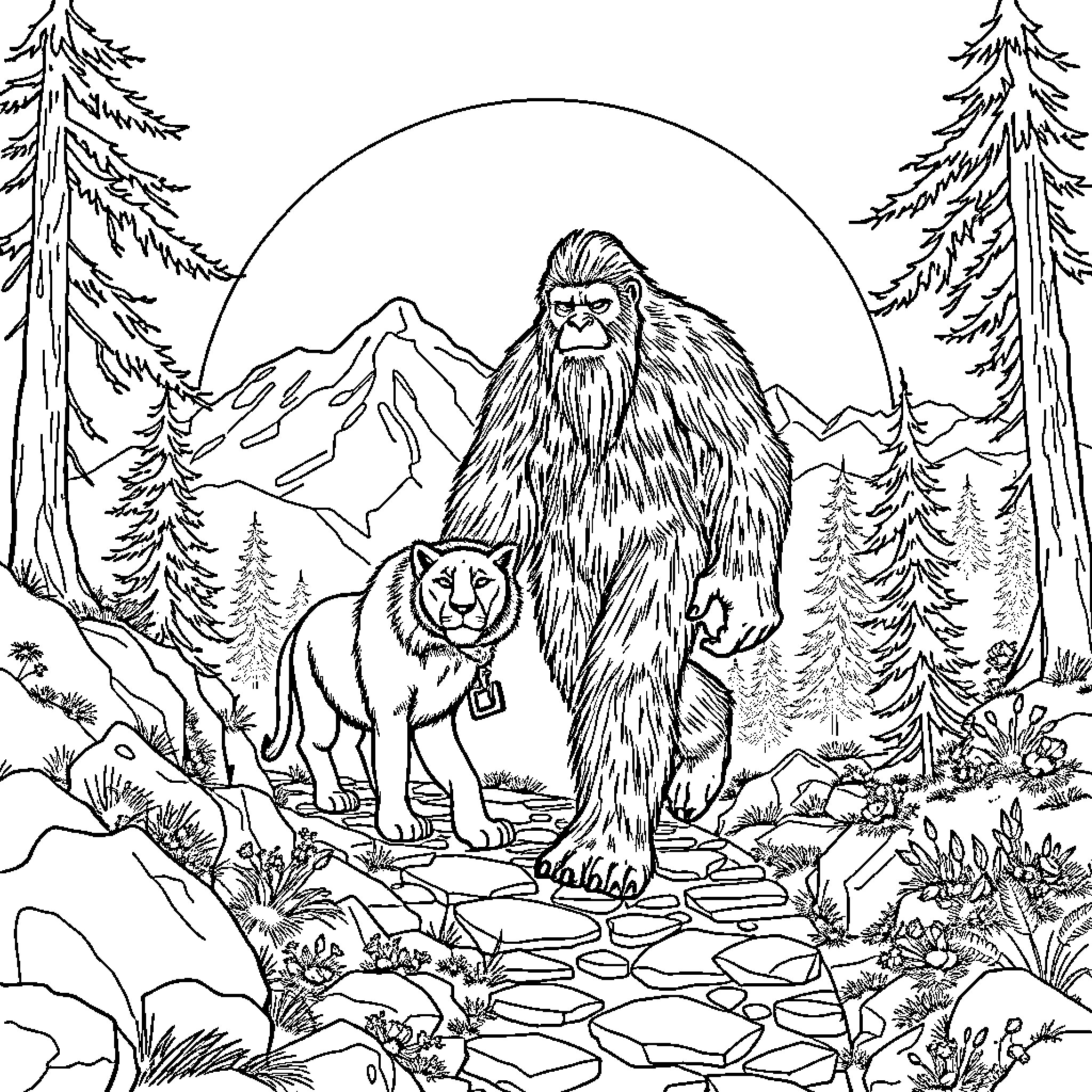 Bigfoot exploring the wilderness with a wolf companion Coloring Page (free black-and-white line drawing printable PDF for all, from beginners to advanced learners, including children, teens, adults, and seniors)