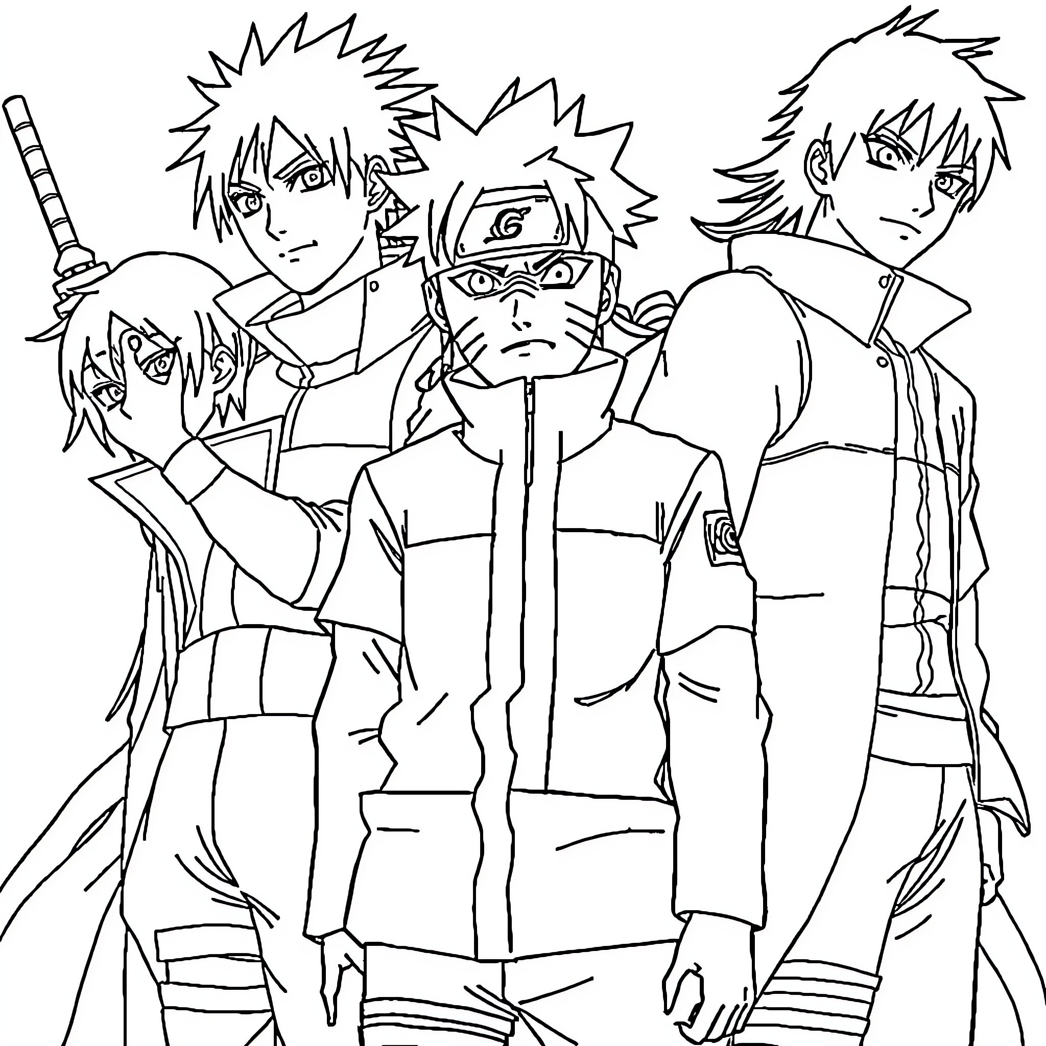 Hunter X Hunter - Heroic Team on Mission Coloring Page (free black-and-white line drawing printable PDF for all, from beginners to advanced learners, including children, teens, adults, and seniors)
