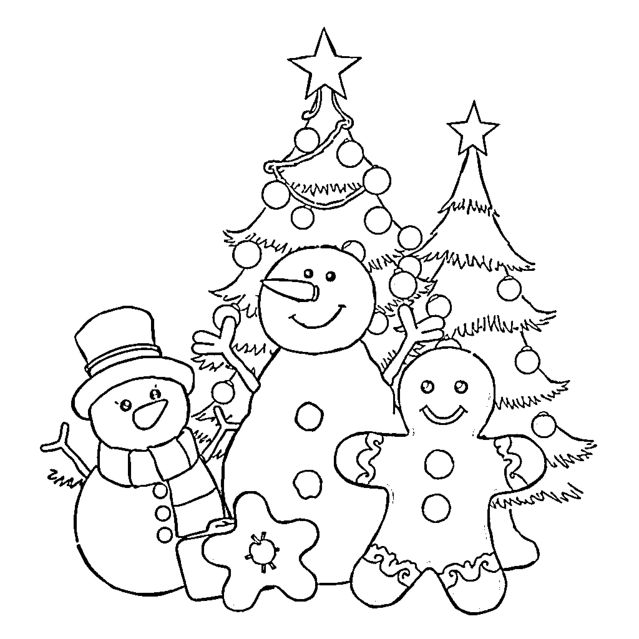 Christmas Tree with Joyful Snowmen and Gingerbread Figures Coloring Page (free black-and-white line drawing printable PDF for all, from beginners to advanced learners, including children, teens, adults, and seniors)