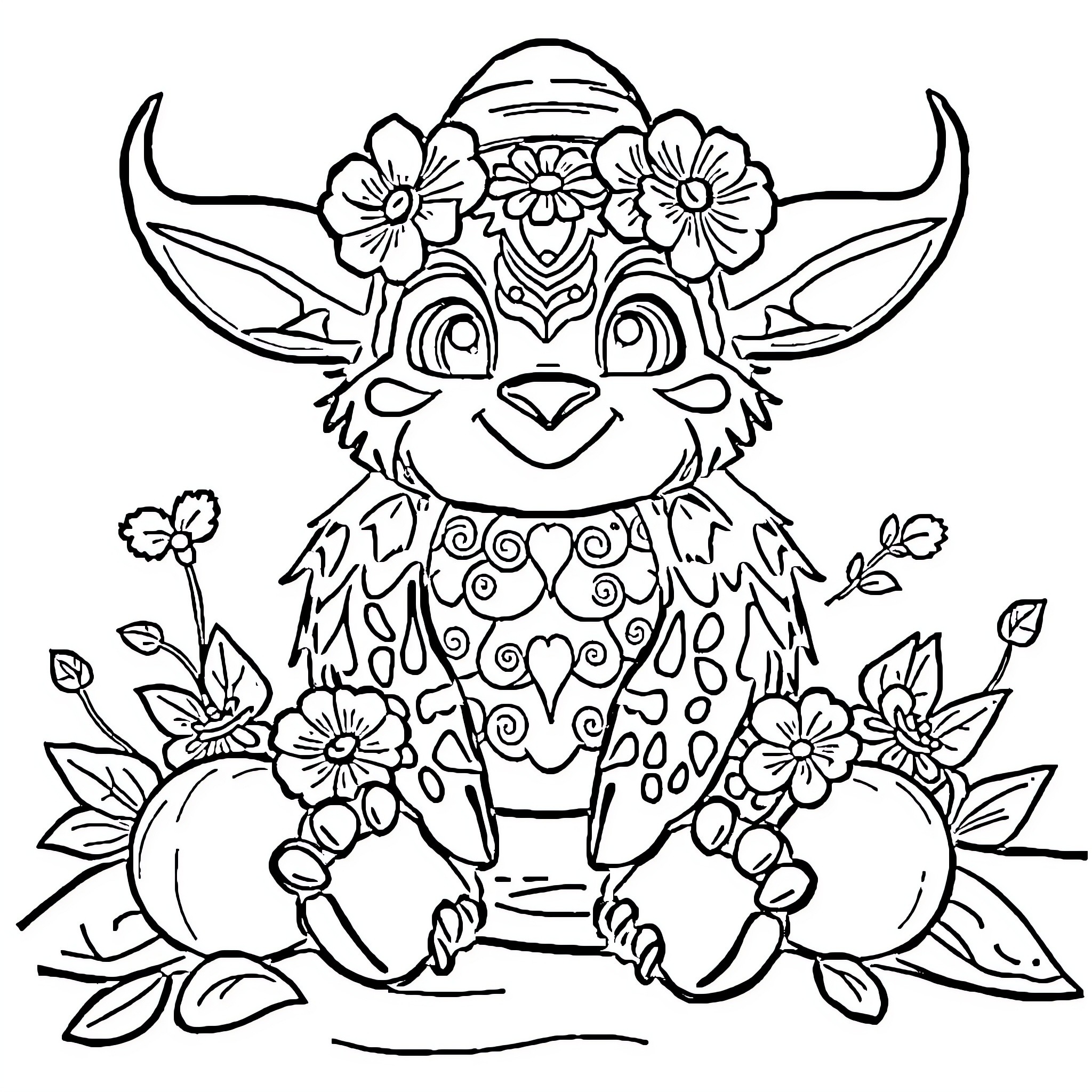 Fruit Creature Adorned with Flowers Coloring Page (free black-and-white line drawing printable PDF for all, from beginners to advanced learners, including children, teens, adults, and seniors)
