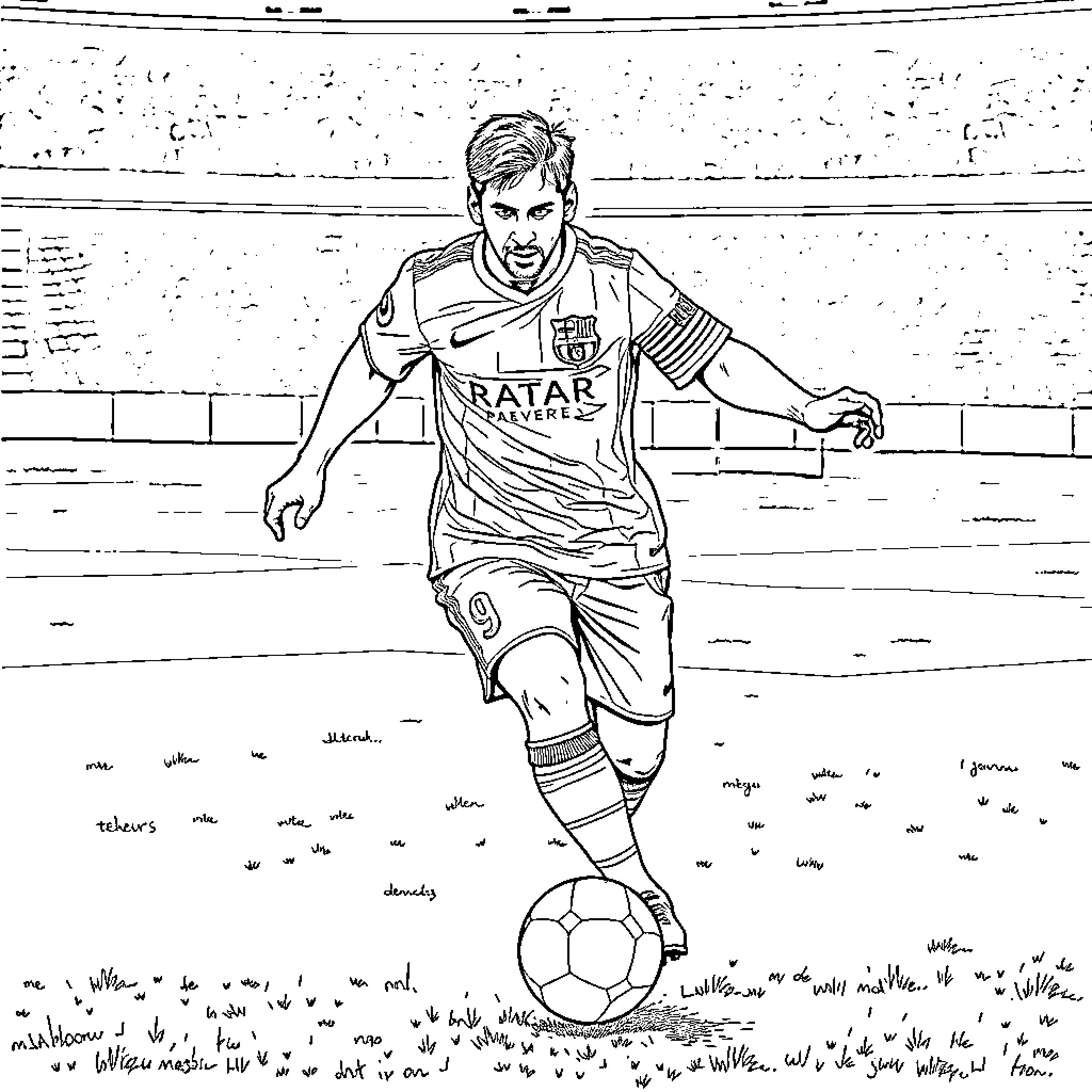Messi in action on the soccer field Coloring Page (free black-and-white line drawing printable PDF for all, from beginners to advanced learners, including children, teens, adults, and seniors)