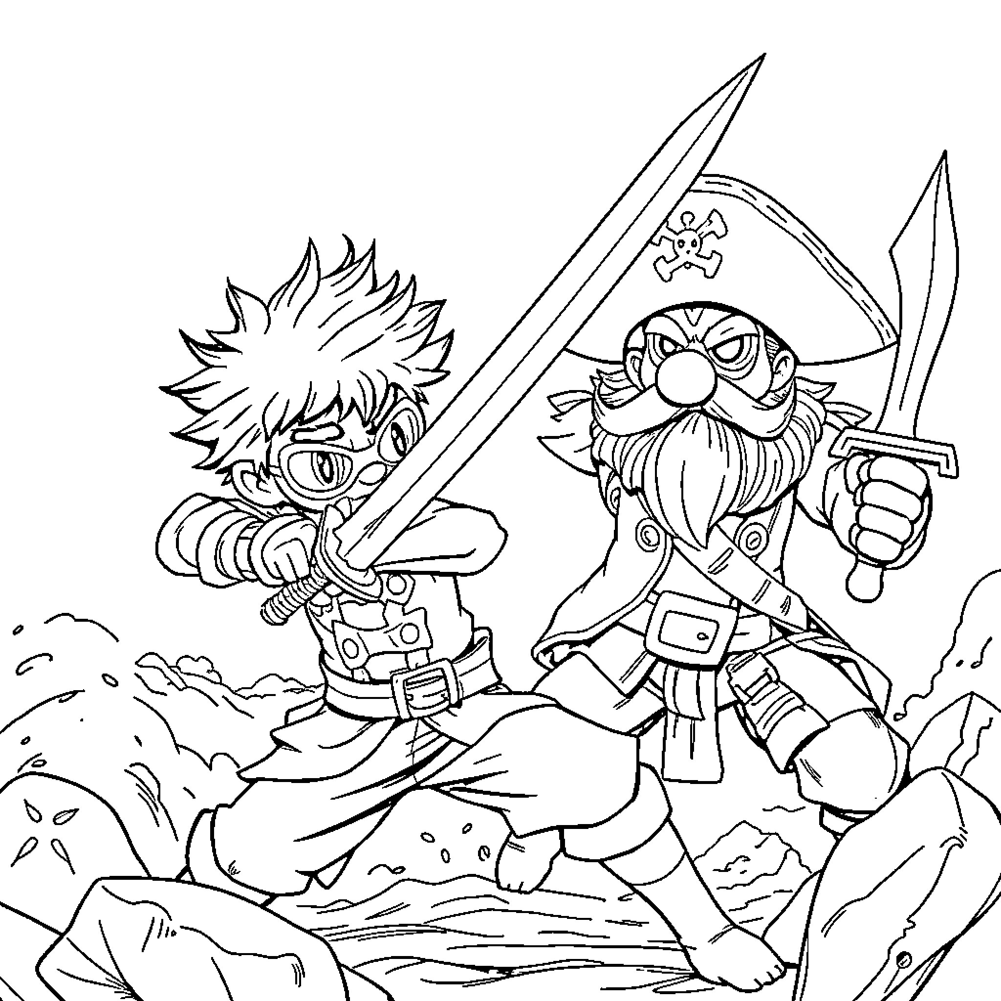 Niño Adventurer and Pirate Battling with Swords Coloring Page (free black-and-white line drawing printable PDF for all, from beginners to advanced learners, including children, teens, adults, and seniors)
