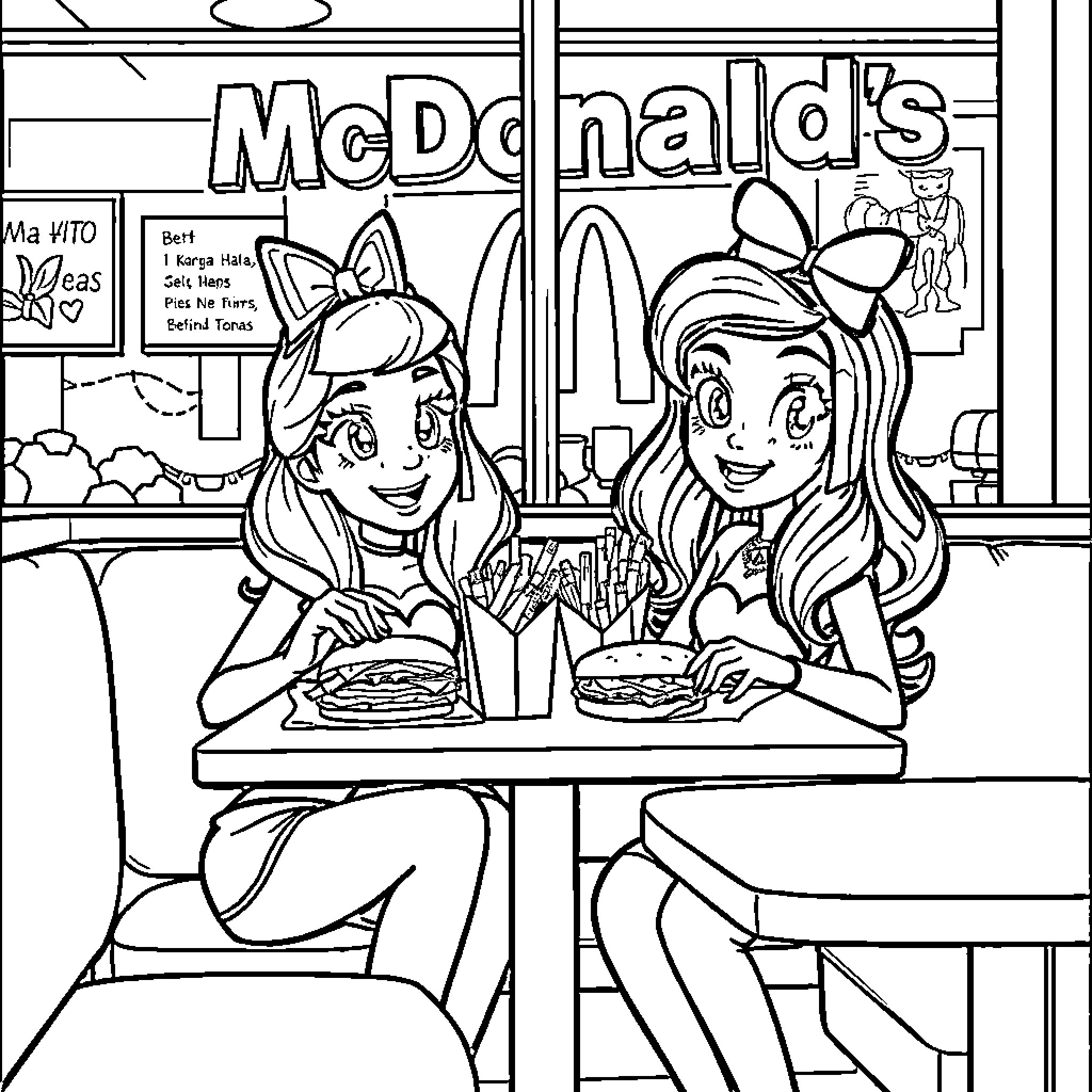 Bella Enjoying a Meal with a Friend at McDonald's Coloring Page (free black-and-white line drawing printable PDF for all, from beginners to advanced learners, including children, teens, adults, and seniors)