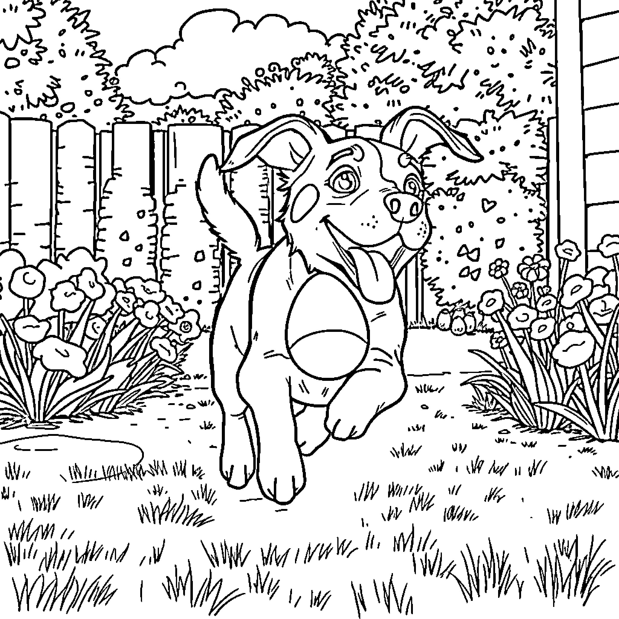 Dog playing happily in the garden Coloring Page (free black-and-white line drawing printable PDF for all, from beginners to advanced learners, including children, teens, adults, and seniors)