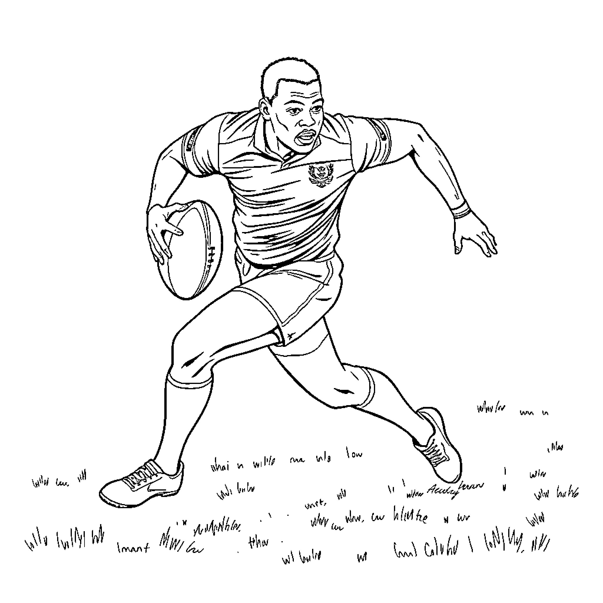 Rugby Player Charging with Ball on the Field Coloring Page (free black-and-white line drawing printable PDF for all, from beginners to advanced learners, including children, teens, adults, and seniors)