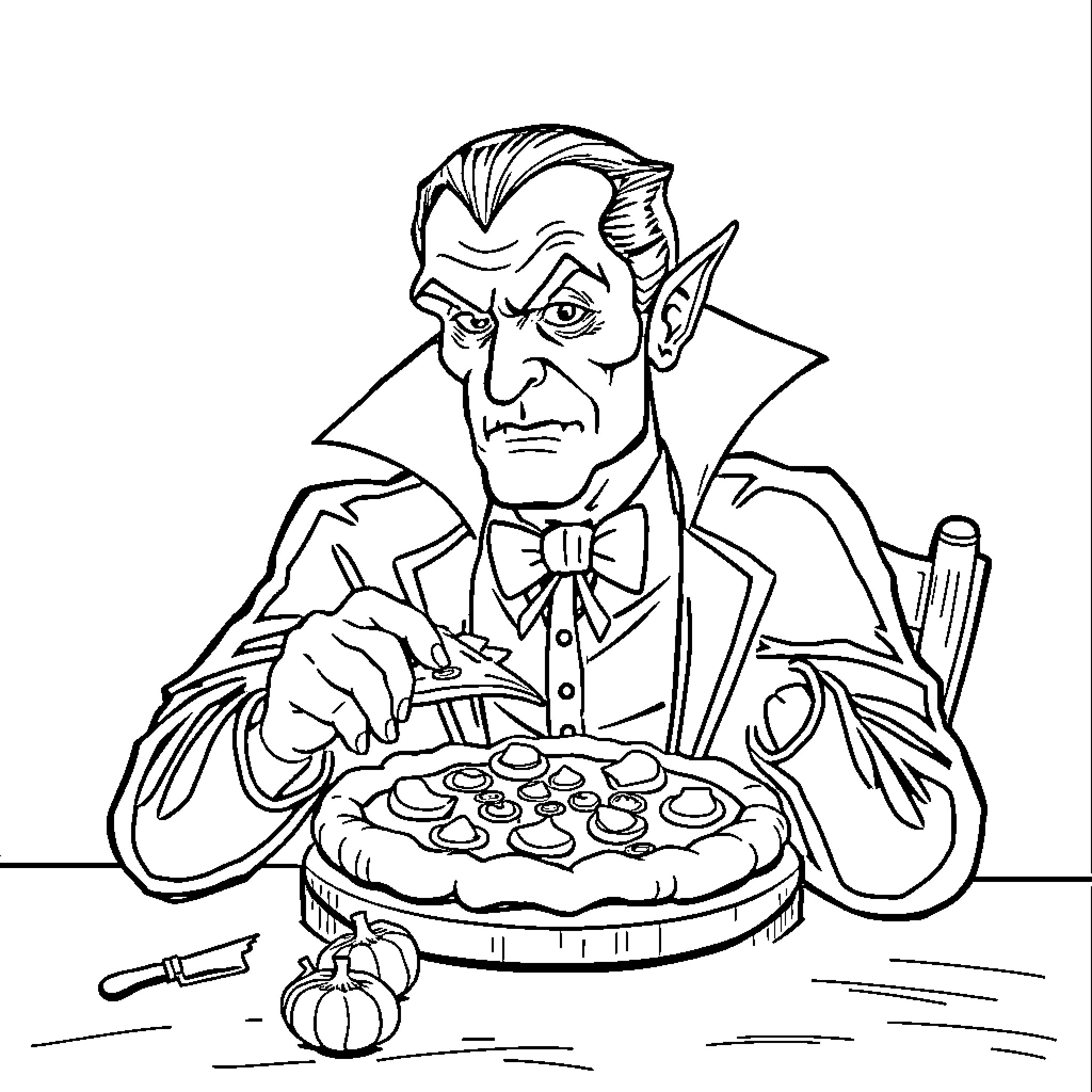 Dracula preparing his favorite meal Coloring Page (free black-and-white line drawing printable PDF for all, from beginners to advanced learners, including children, teens, adults, and seniors)