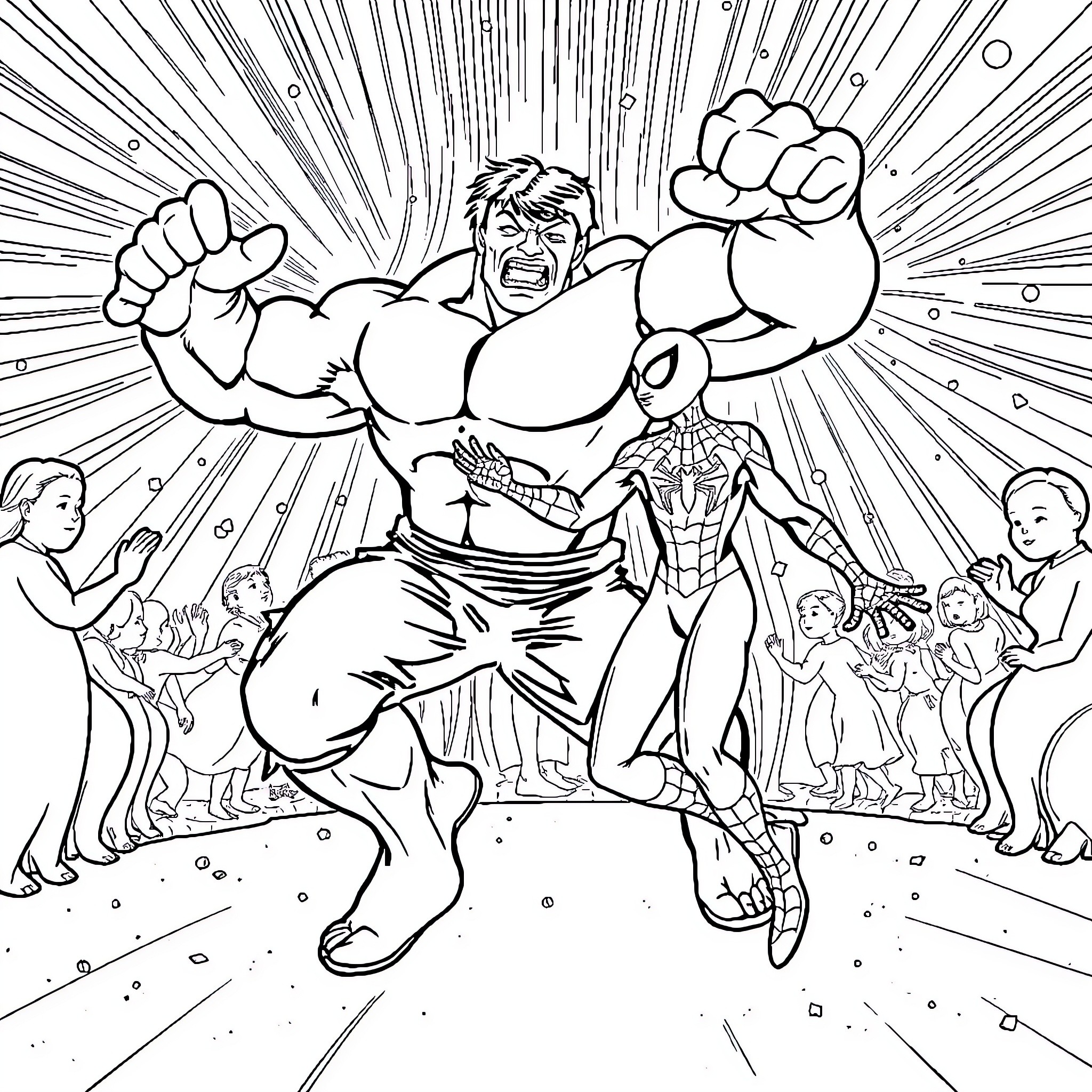 Spiderman and Hulk in an epic clash Coloring Page (free black-and-white line drawing printable PDF for all, from beginners to advanced learners, including children, teens, adults, and seniors)