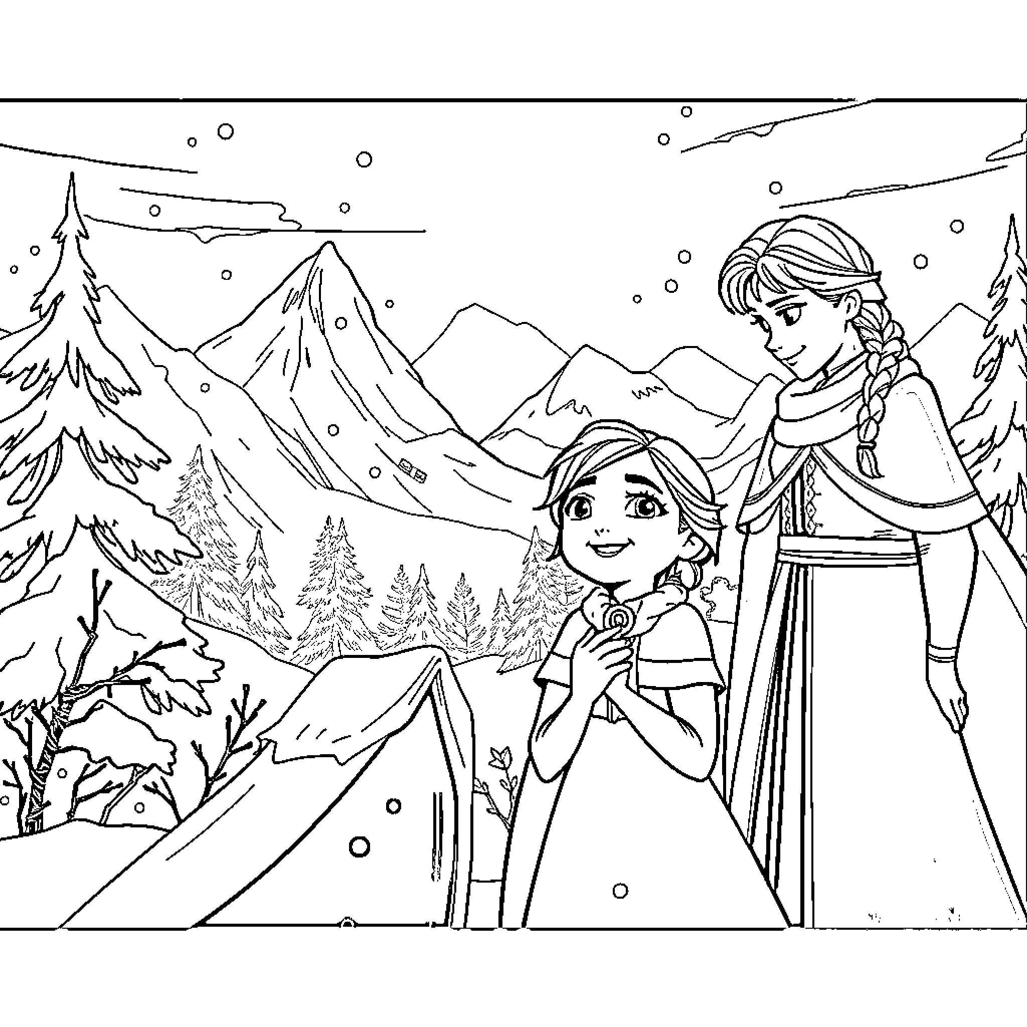 Frozen sisters exploring the snowy mountains Coloring Page (free black-and-white line drawing printable PDF for all, from beginners to advanced learners, including children, teens, adults, and seniors)