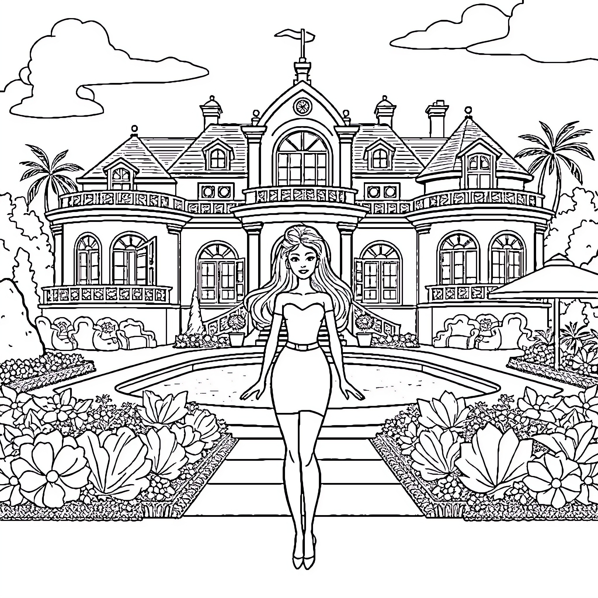 Barbie's Dream House and Garden Coloring Page (free black-and-white line drawing printable PDF for all, from beginners to advanced learners, including children, teens, adults, and seniors)
