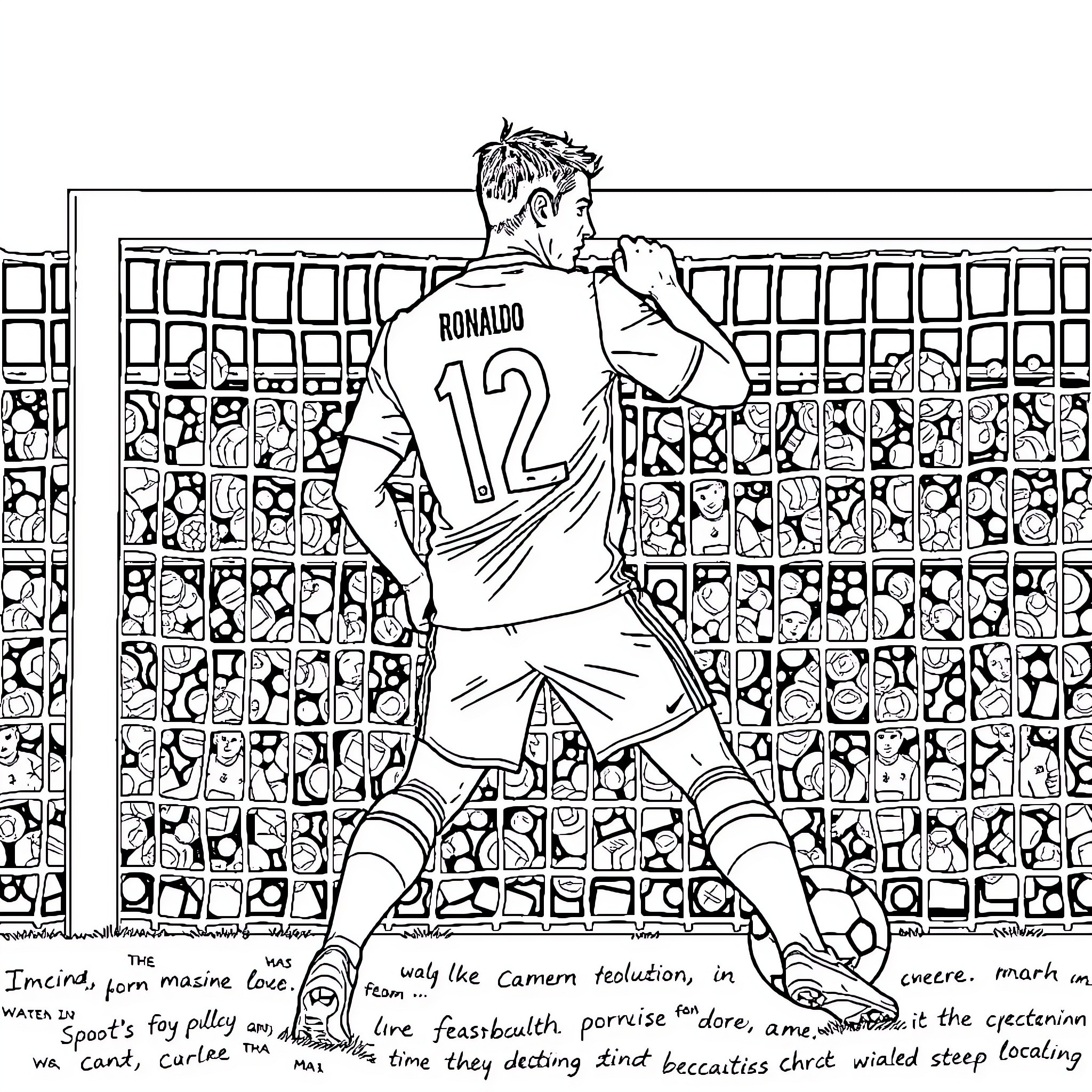 Ronaldo's Triumphant Celebration on the Pitch Coloring Page (free black-and-white line drawing printable PDF for all, from beginners to advanced learners, including children, teens, adults, and seniors)