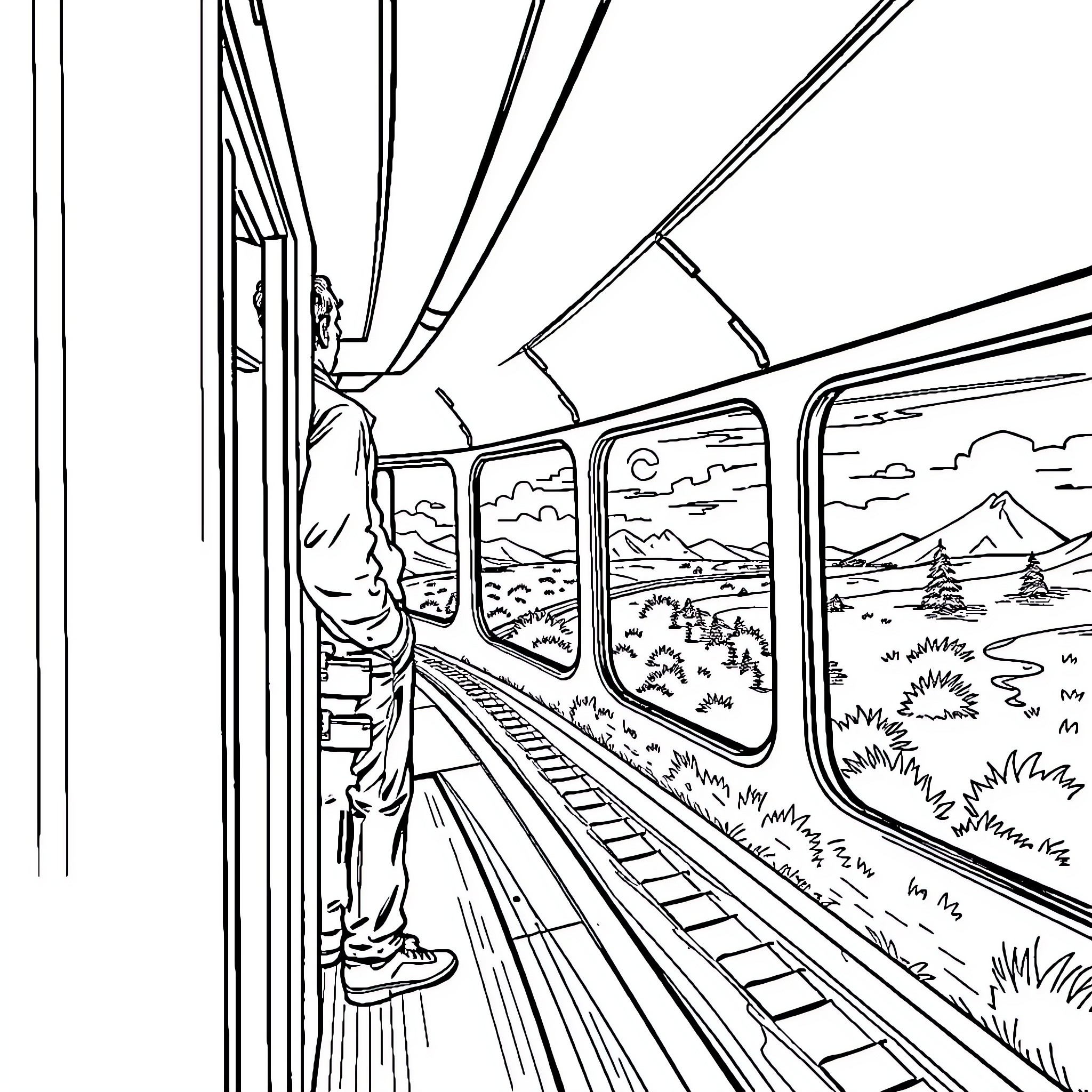 Man traveling by train through scenic landscape Coloring Page (free black-and-white line drawing printable PDF for all, from beginners to advanced learners, including children, teens, adults, and seniors)