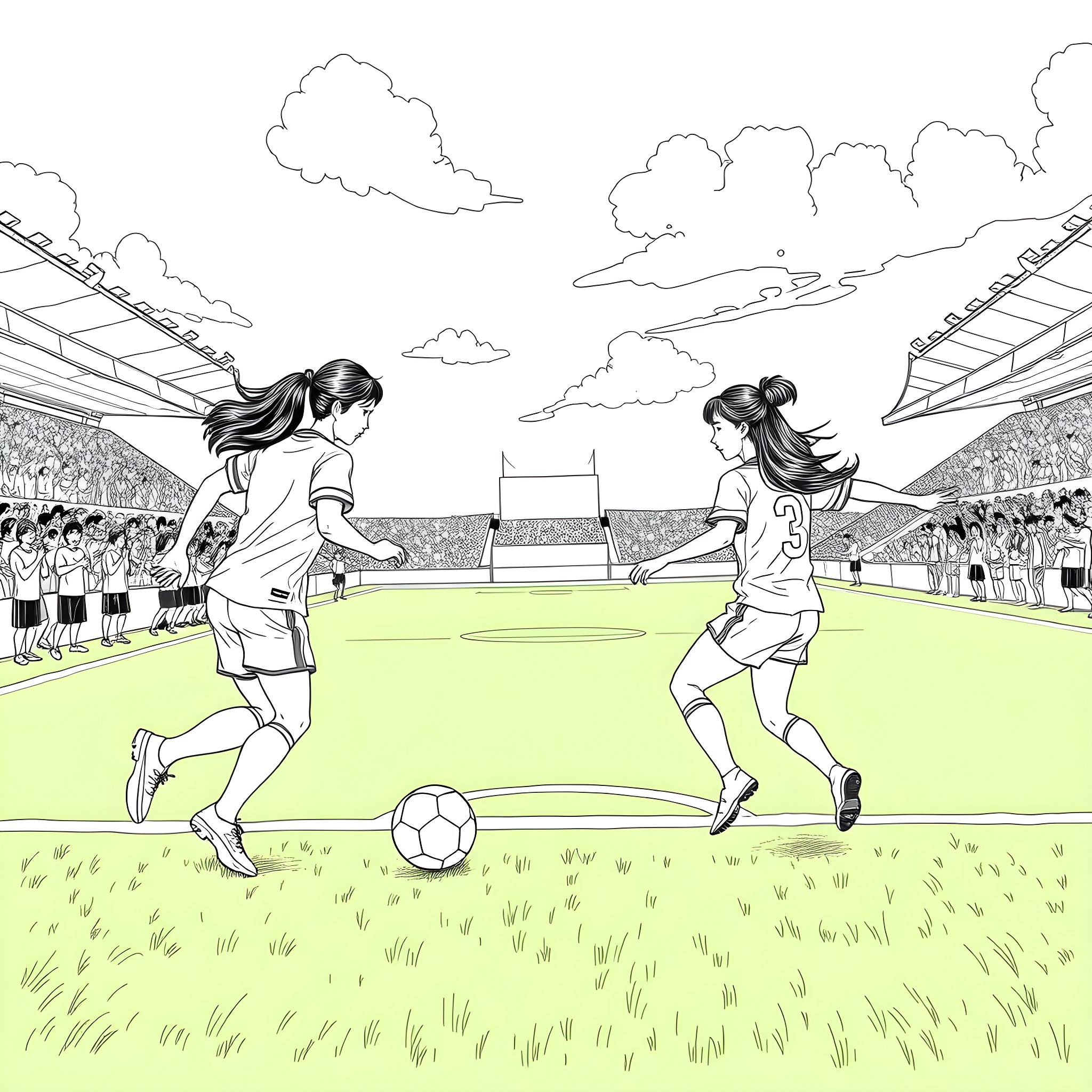 Soccer players competing in the stadium Coloring Page (free black-and-white line drawing printable PDF for all, from beginners to advanced learners, including children, teens, adults, and seniors)