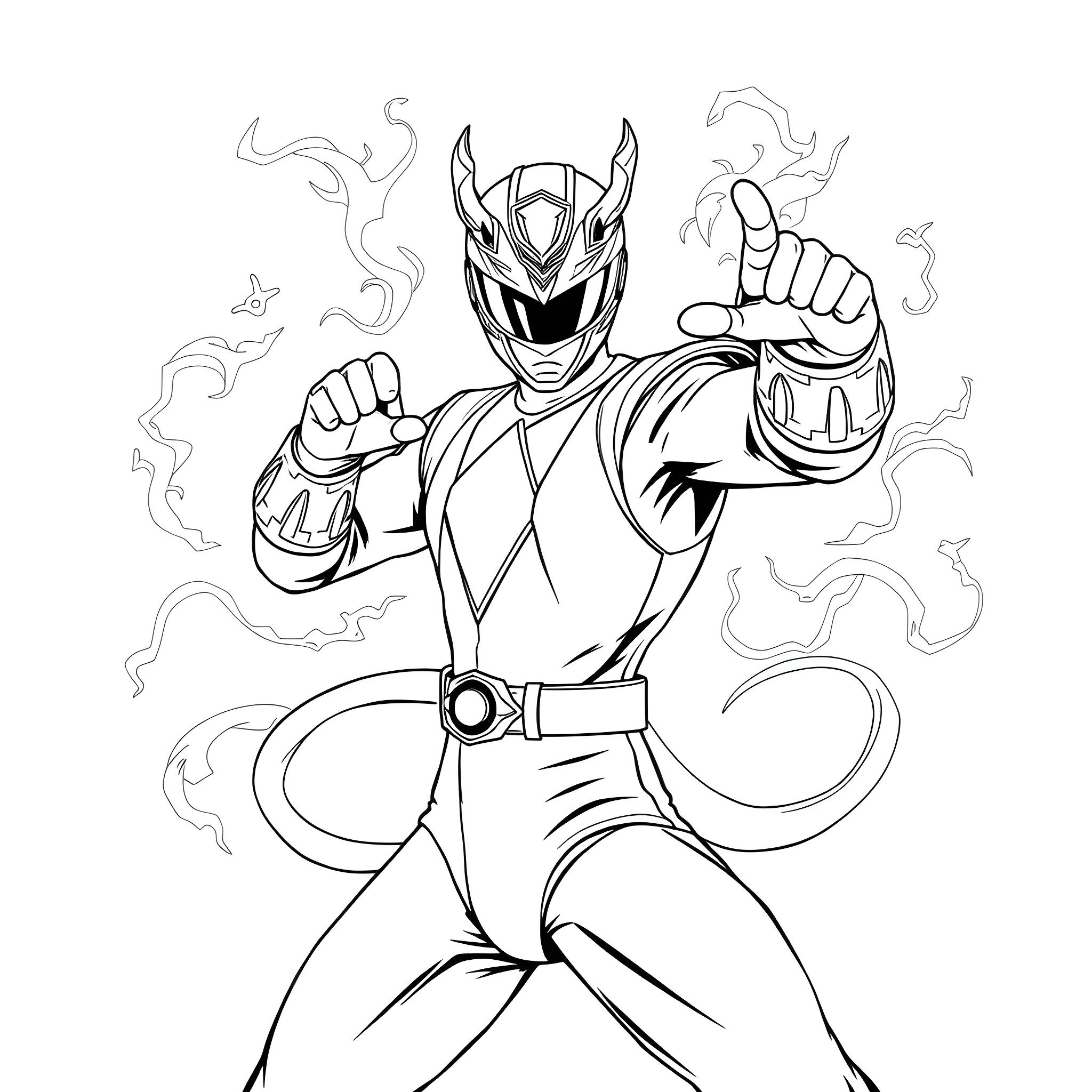 Ranger in powerful heroic pose with energy discharge Coloring Page (free black-and-white line drawing printable PDF for all, from beginners to advanced learners, including children, teens, adults, and seniors)