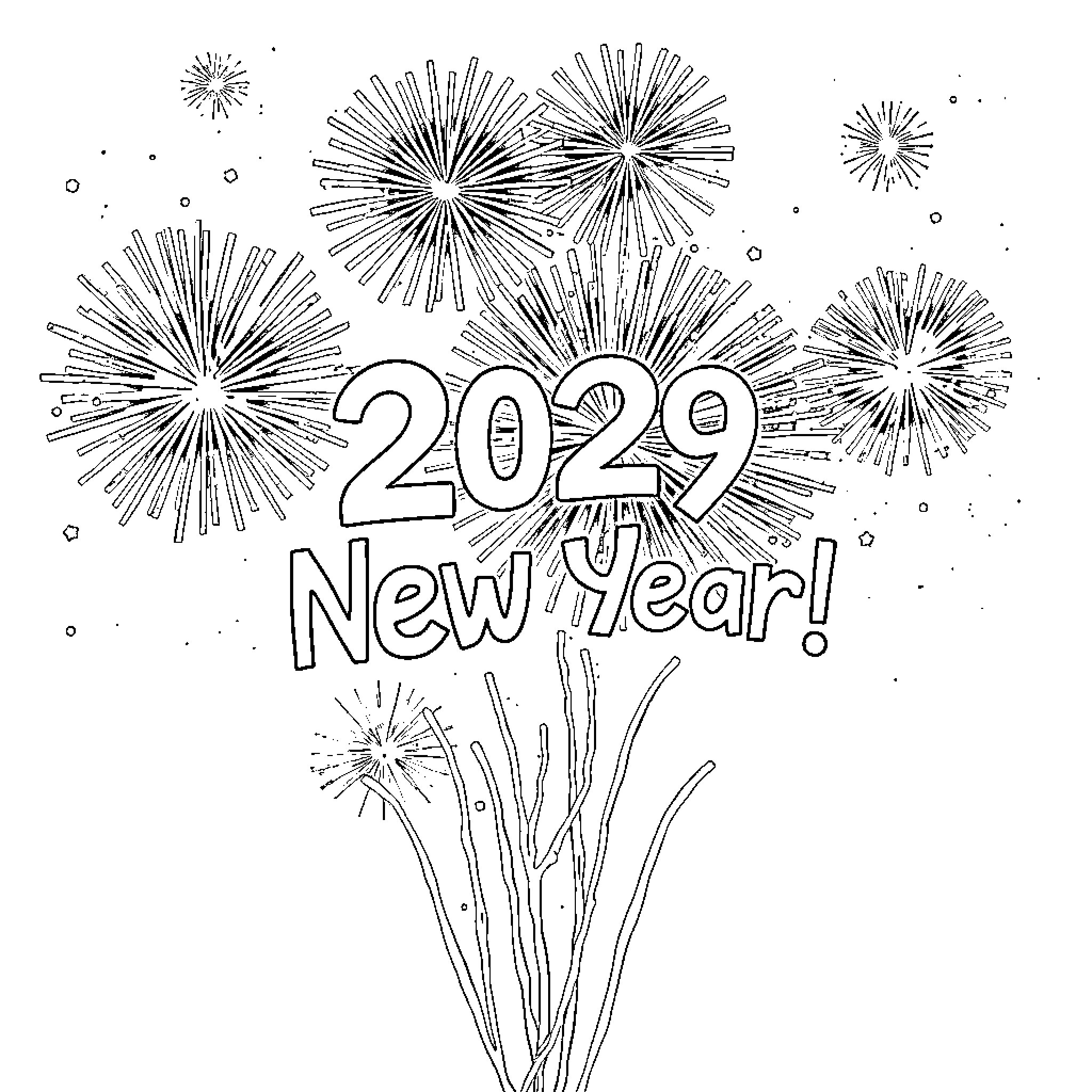 New Year Fireworks Display Coloring Page (free black-and-white line drawing printable PDF for all, from beginners to advanced learners, including children, teens, adults, and seniors)