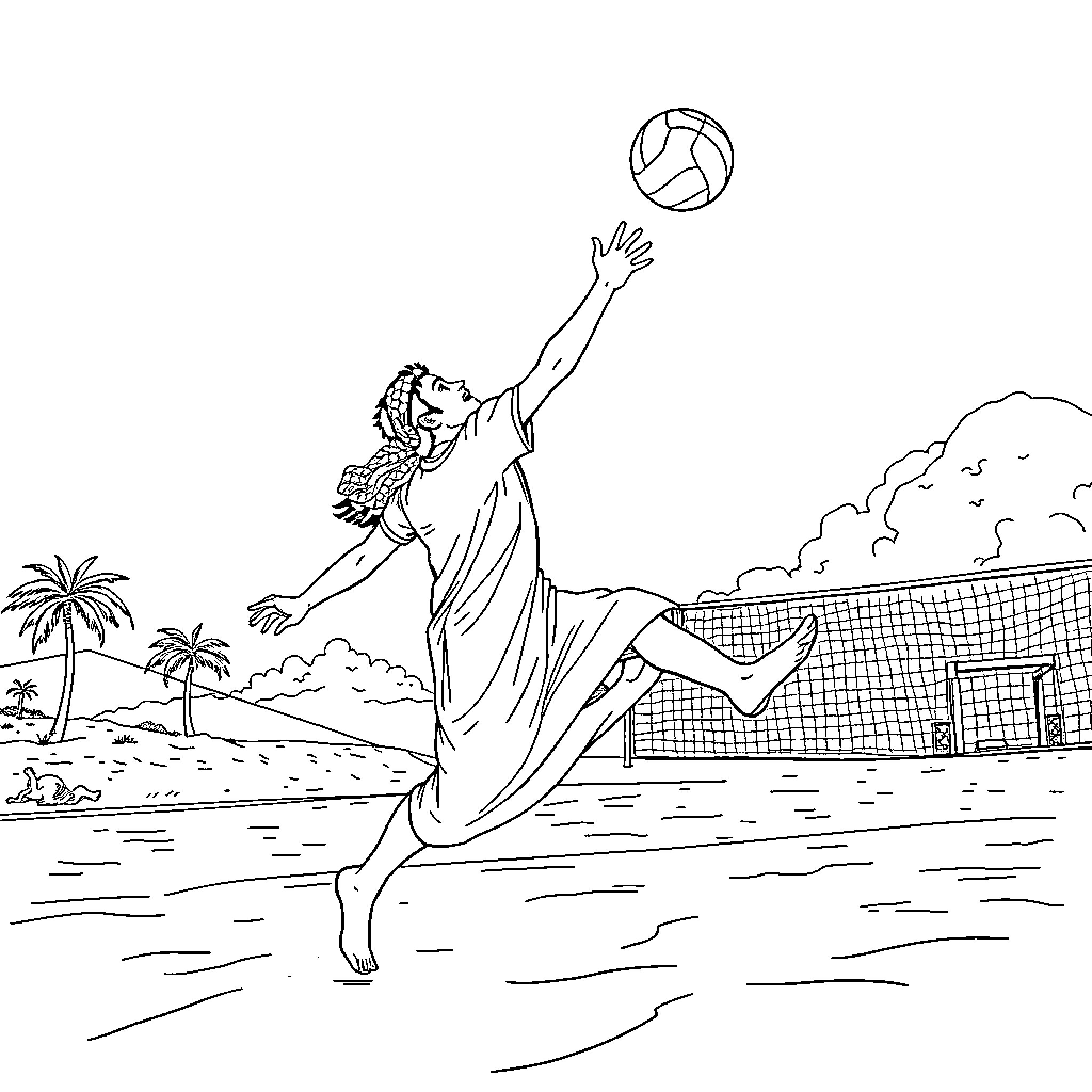 Rumi playing volleyball by the beach Coloring Page (free black-and-white line drawing printable PDF for all, from beginners to advanced learners, including children, teens, adults, and seniors)
