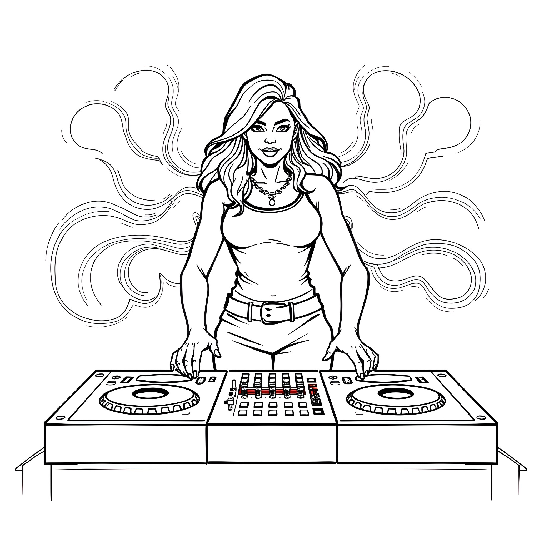 Woman playing music on DJ equipment Coloring Page (free black-and-white line drawing printable PDF for all, from beginners to advanced learners, including children, teens, adults, and seniors)