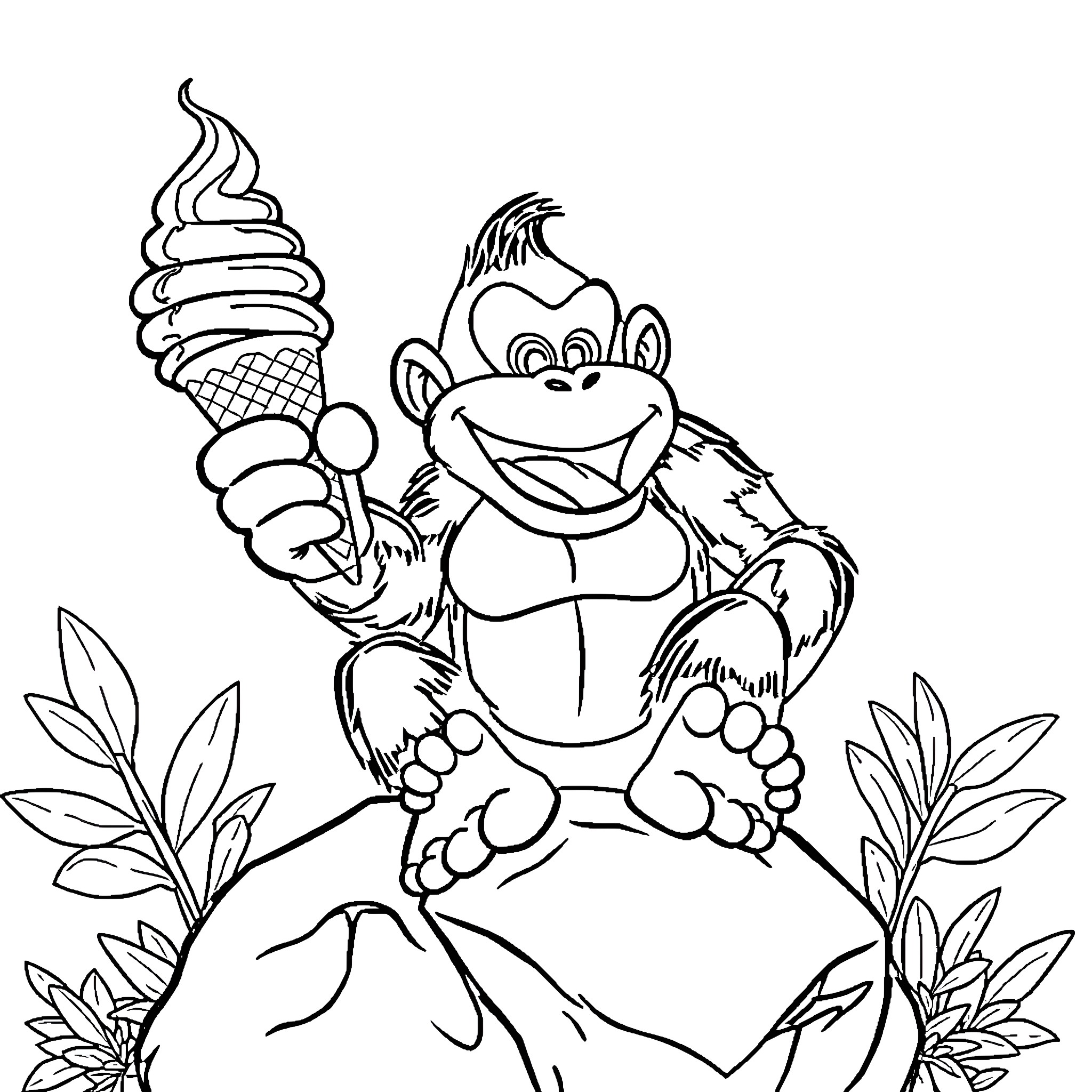 Donkey Kong enjoying a frozen treat in the wild Coloring Page (free black-and-white line drawing printable PDF for all, from beginners to advanced learners, including children, teens, adults, and seniors)