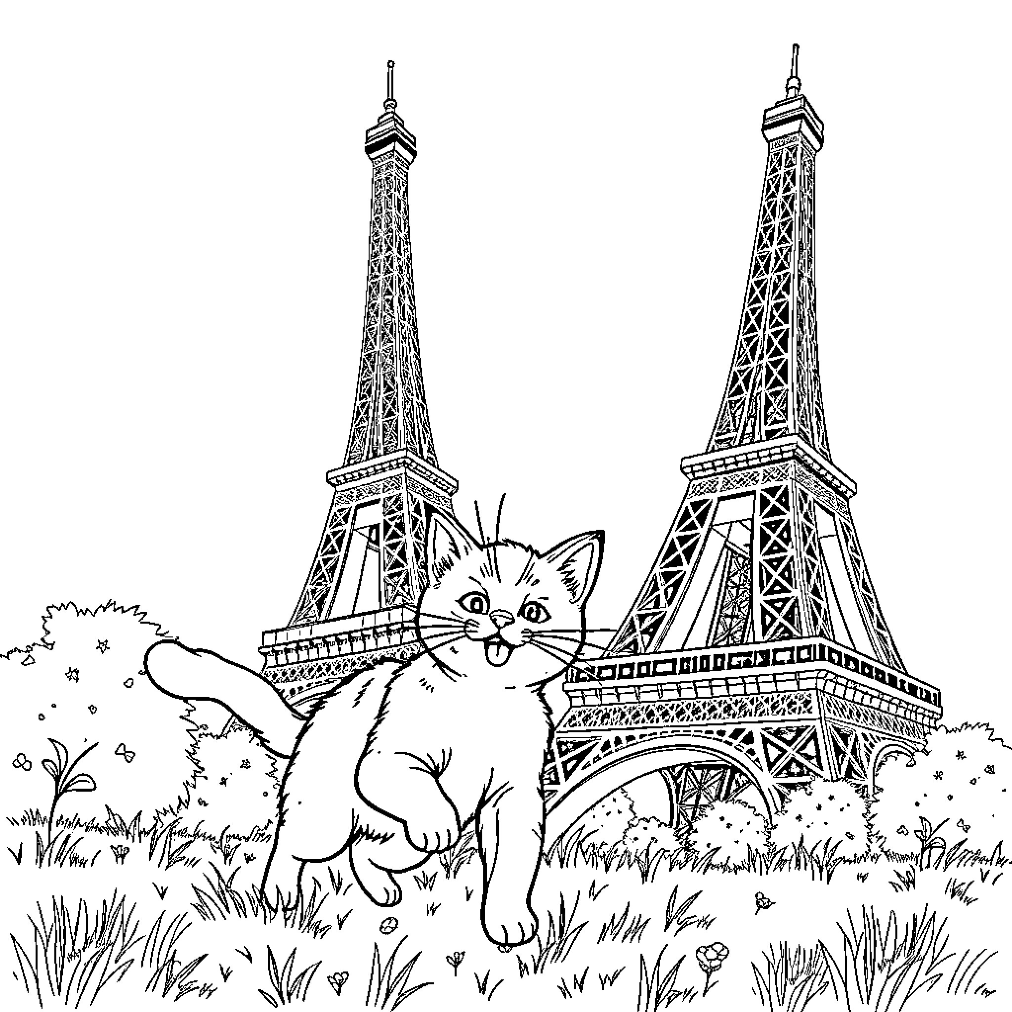 Cat exploring in Paris with Eiffel Tower Coloring Page (free black-and-white line drawing printable PDF for all, from beginners to advanced learners, including children, teens, adults, and seniors)