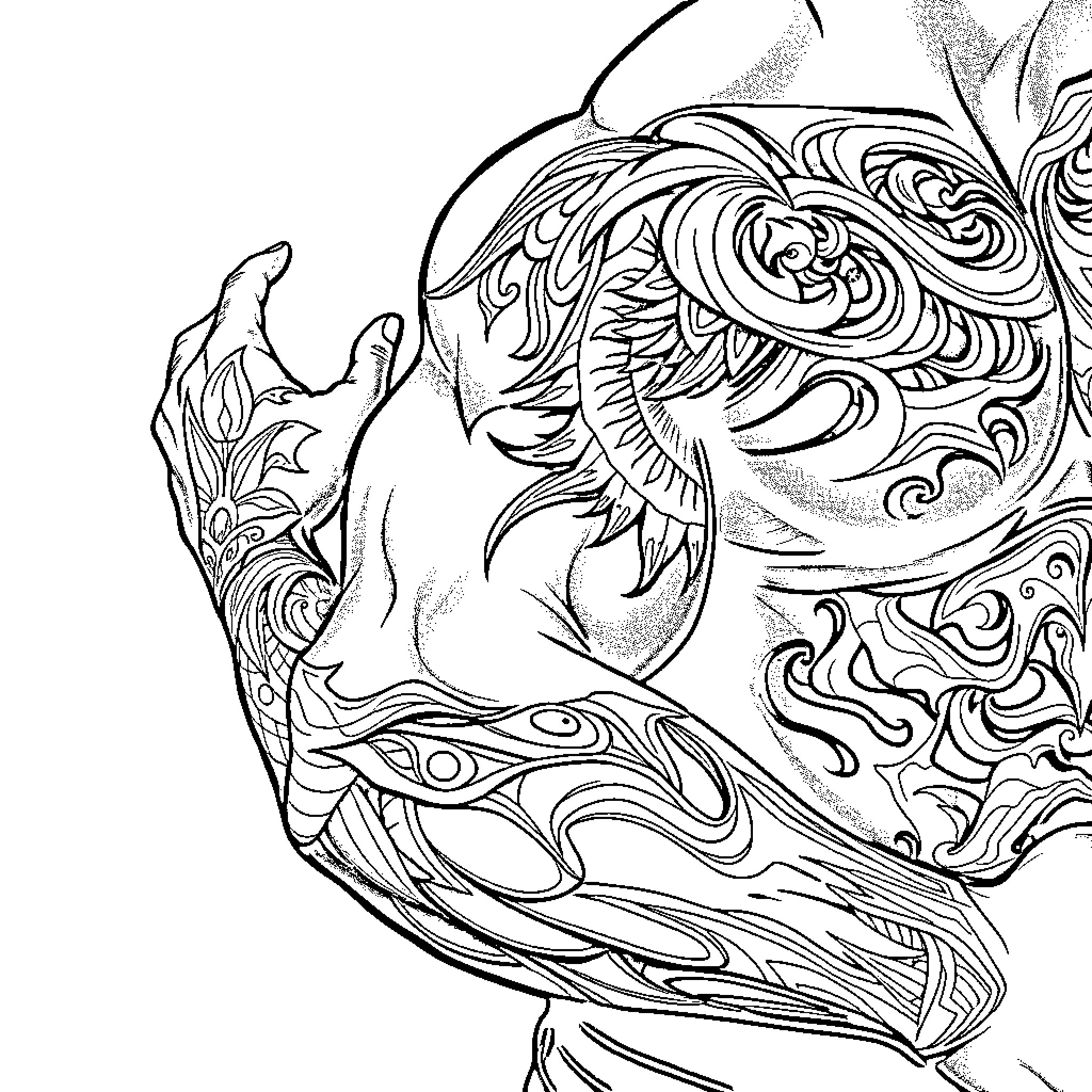 Tribal Tattoo with Ornamental Creature Coloring Page (free black-and-white line drawing printable PDF for all, from beginners to advanced learners, including children, teens, adults, and seniors)