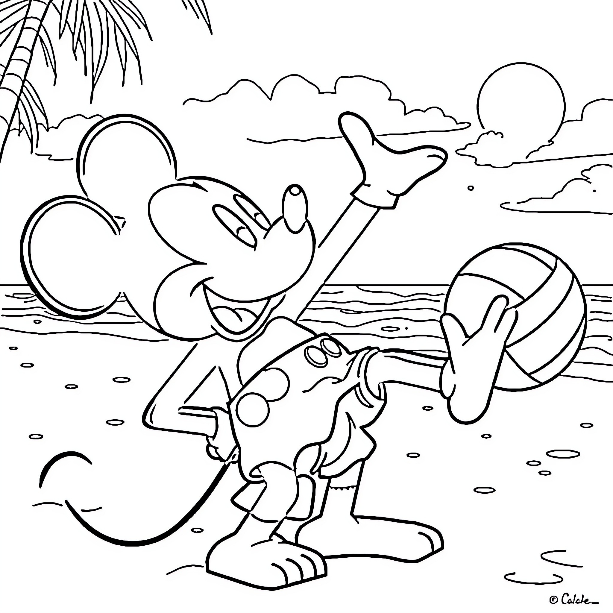 Mickey Mouse playing on the beach with beach ball Coloring Page (free black-and-white line drawing printable PDF for all, from beginners to advanced learners, including children, teens, adults, and seniors)
