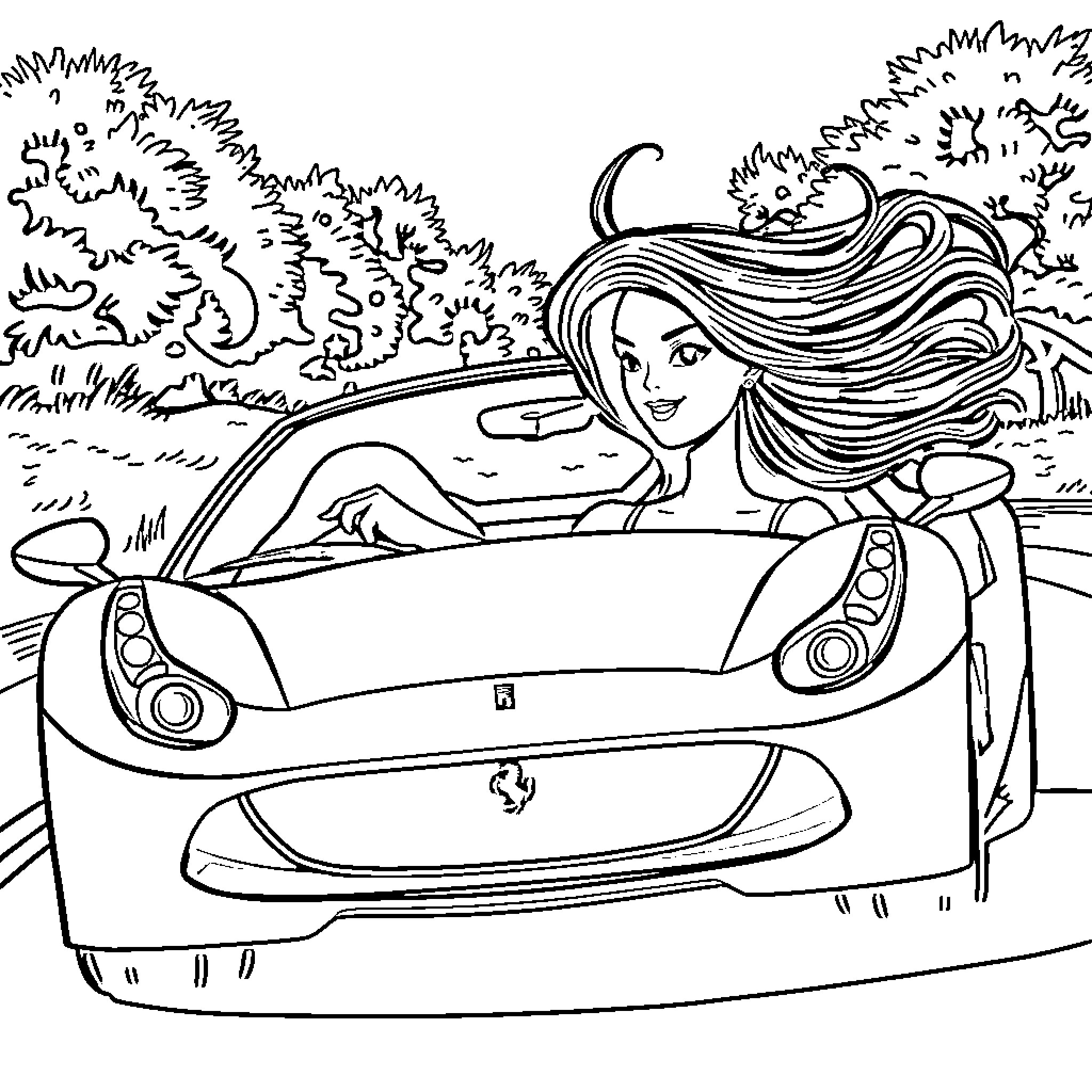 Kiroumi enjoying a scenic drive in her sports car Coloring Page (free black-and-white line drawing printable PDF for all, from beginners to advanced learners, including children, teens, adults, and seniors)