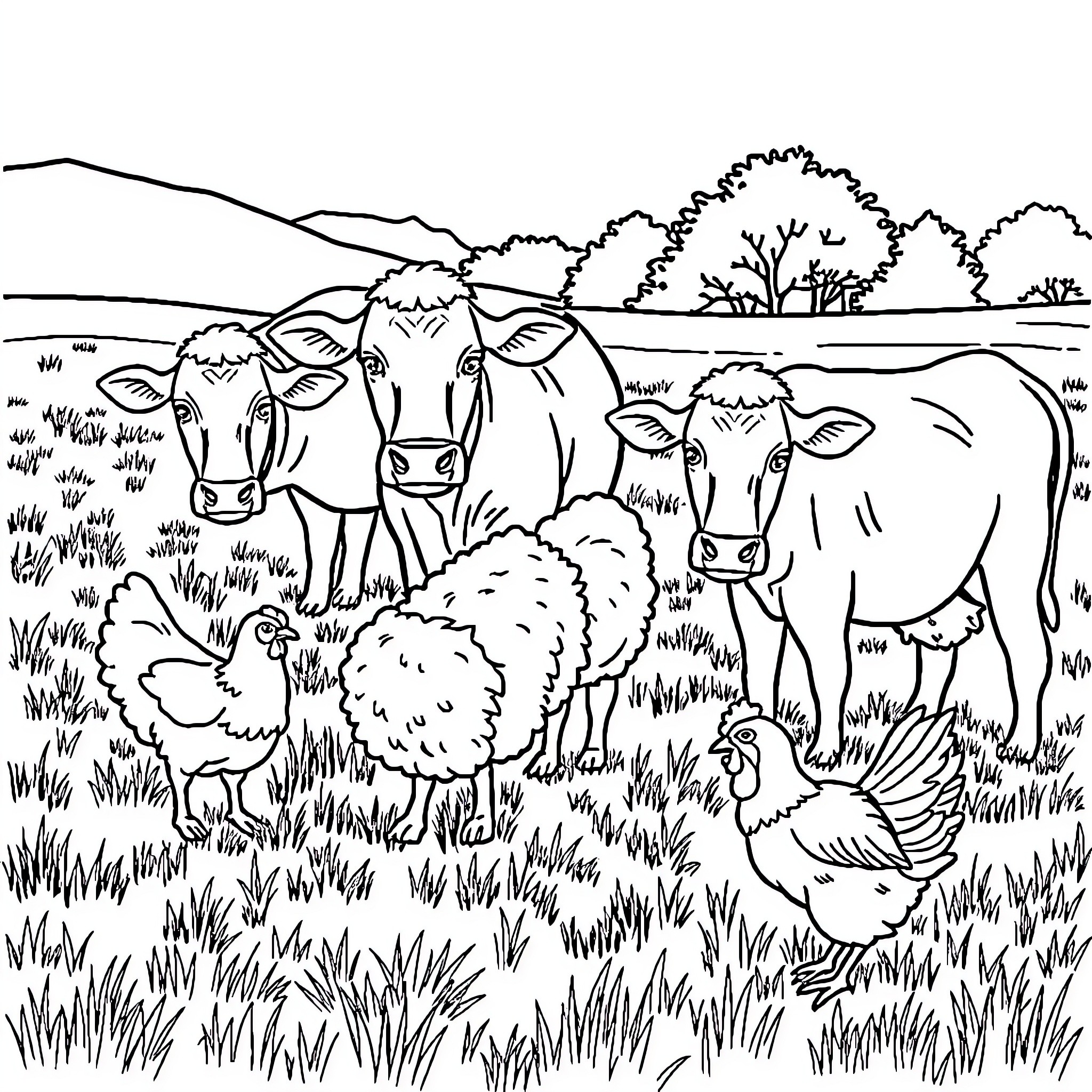 Farm Animals Grazing in Peaceful Countryside Coloring Page (free black-and-white line drawing printable PDF for all, from beginners to advanced learners, including children, teens, adults, and seniors)