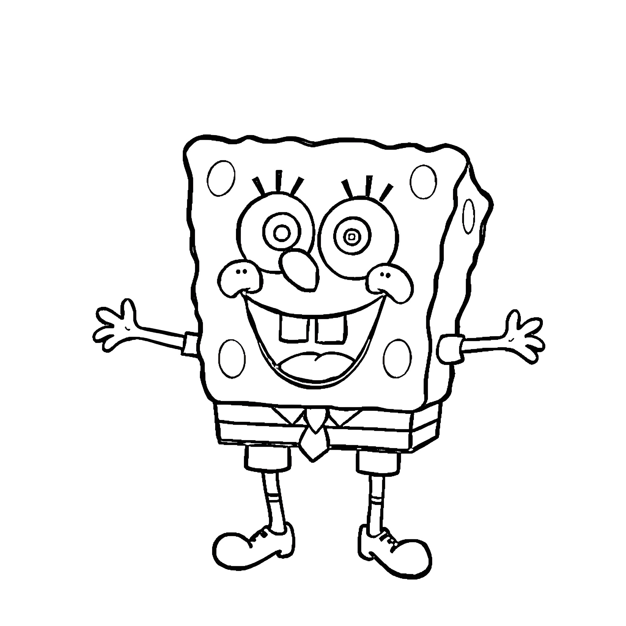 Spongebob smiling cheerfully in black and white Coloring Page (free black-and-white line drawing printable PDF for all, from beginners to advanced learners, including children, teens, adults, and seniors)