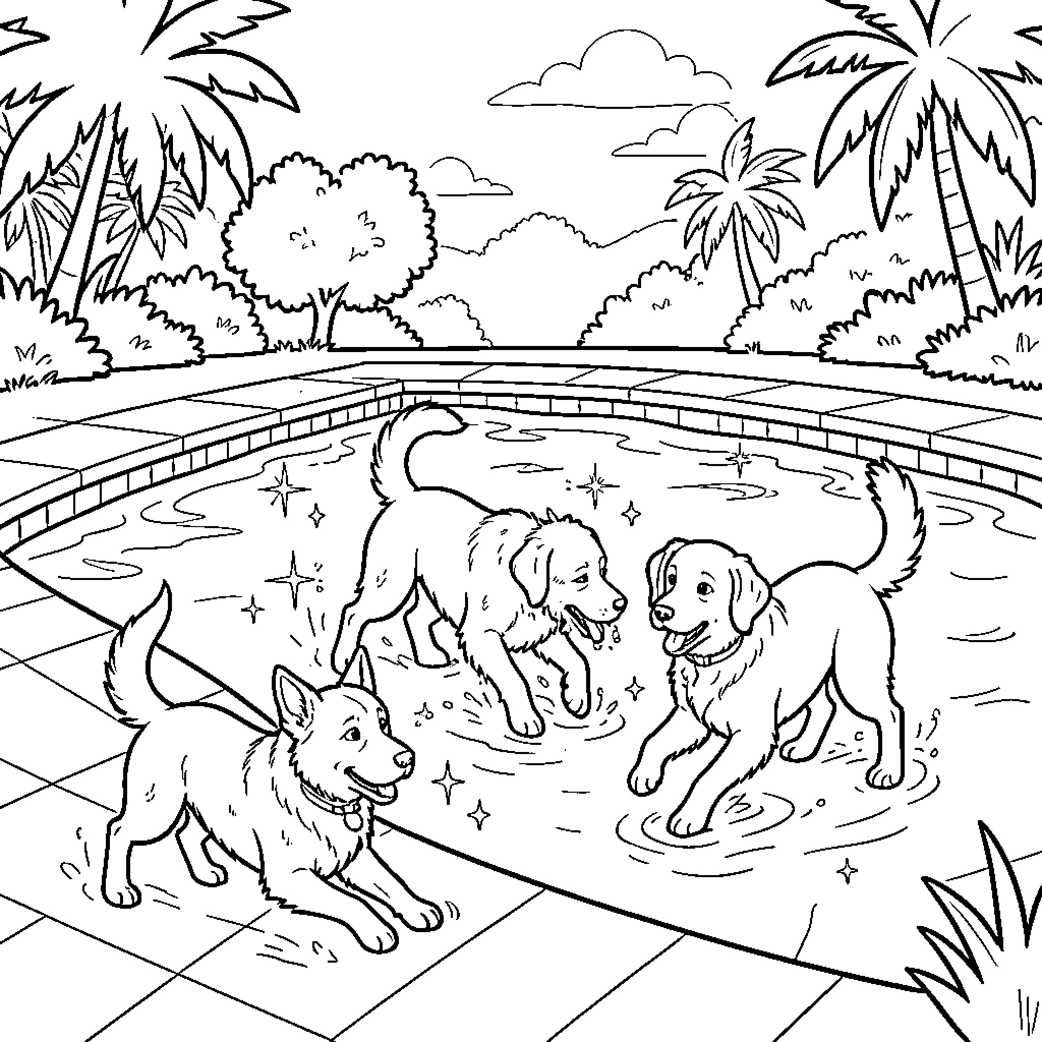 Dog friends splashing and playing in a swimming pool Coloring Page (free black-and-white line drawing printable PDF for all, from beginners to advanced learners, including children, teens, adults, and seniors)