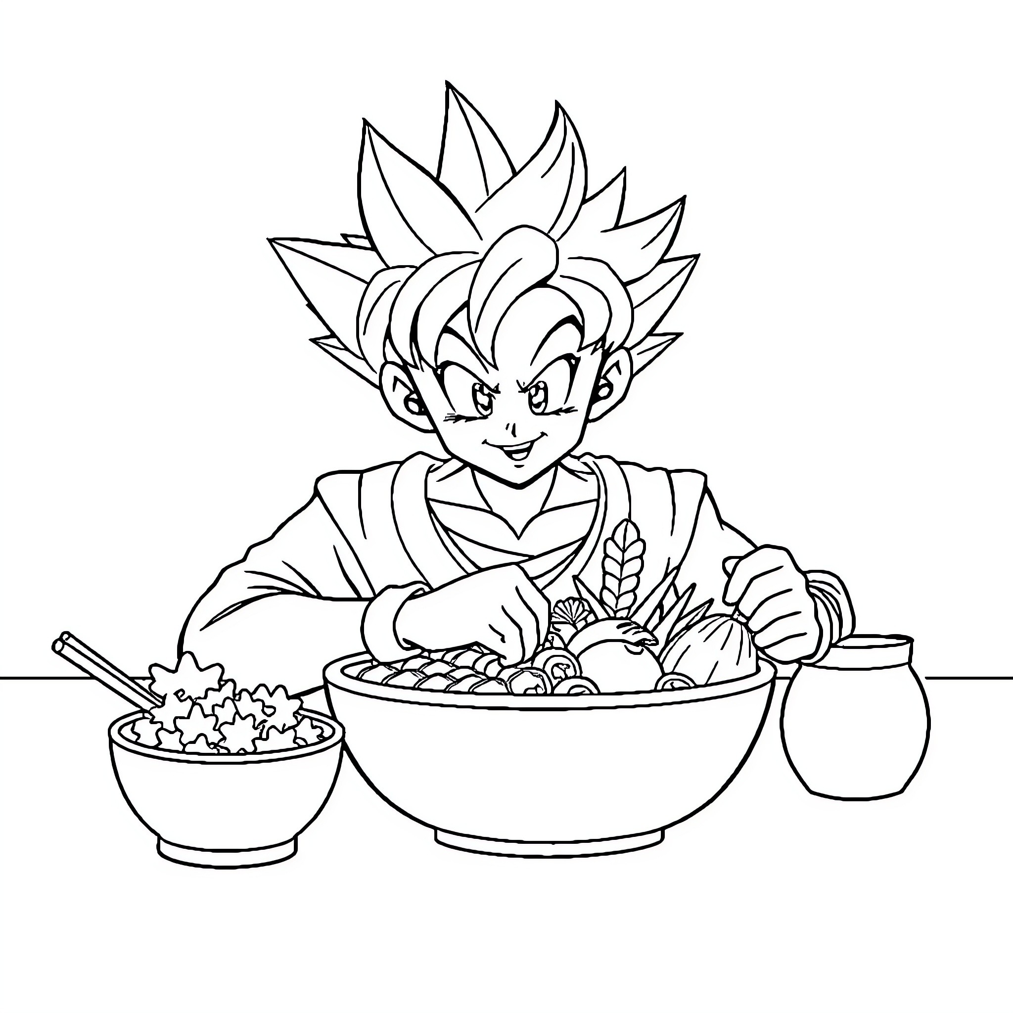 Gohan enjoying a hearty meal Coloring Page (free black-and-white line drawing printable PDF for all, from beginners to advanced learners, including children, teens, adults, and seniors)
