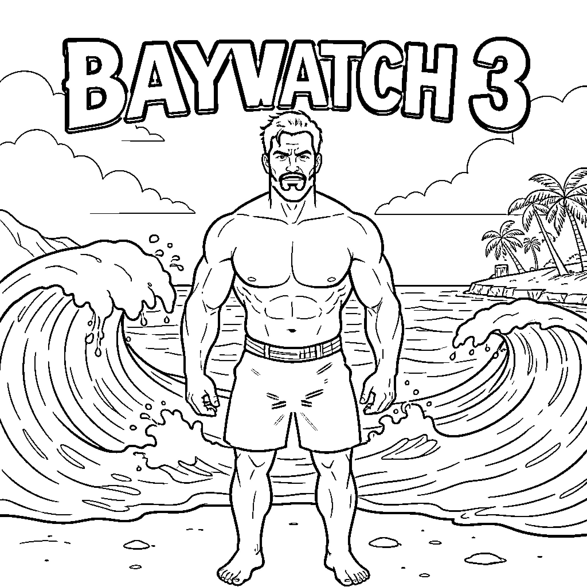 Baywatch muscular man standing confidently on a tropical beach Coloring Page (free black-and-white line drawing printable PDF for all, from beginners to advanced learners, including children, teens, adults, and seniors)
