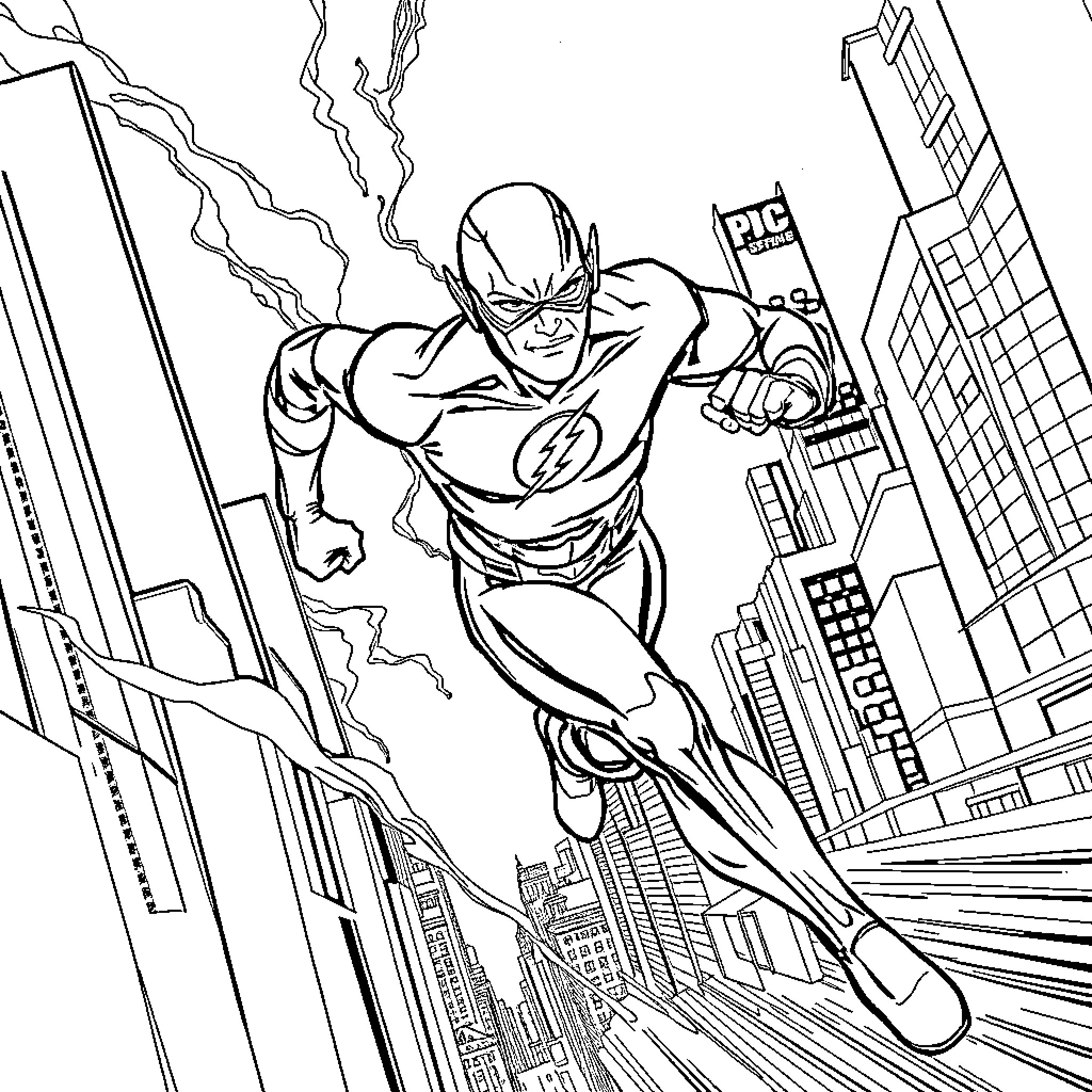 Flash Superhero Soaring through Cityscape Coloring Page (free black-and-white line drawing printable PDF for all, from beginners to advanced learners, including children, teens, adults, and seniors)