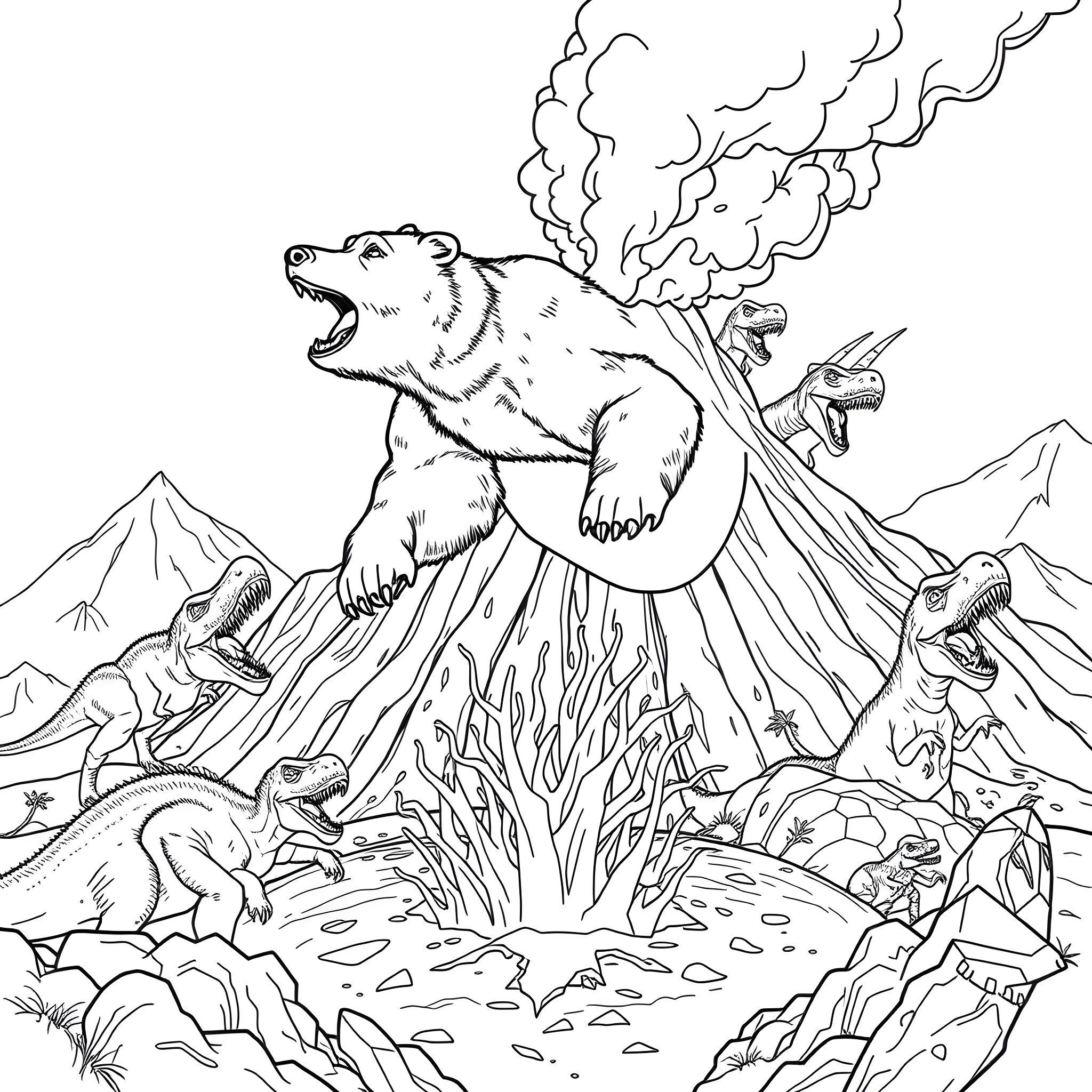 Grizzly Bear Roaring Amidst Volcanic Eruption and Dinosaurs Coloring Page (free black-and-white line drawing printable PDF for all, from beginners to advanced learners, including children, teens, adults, and seniors)