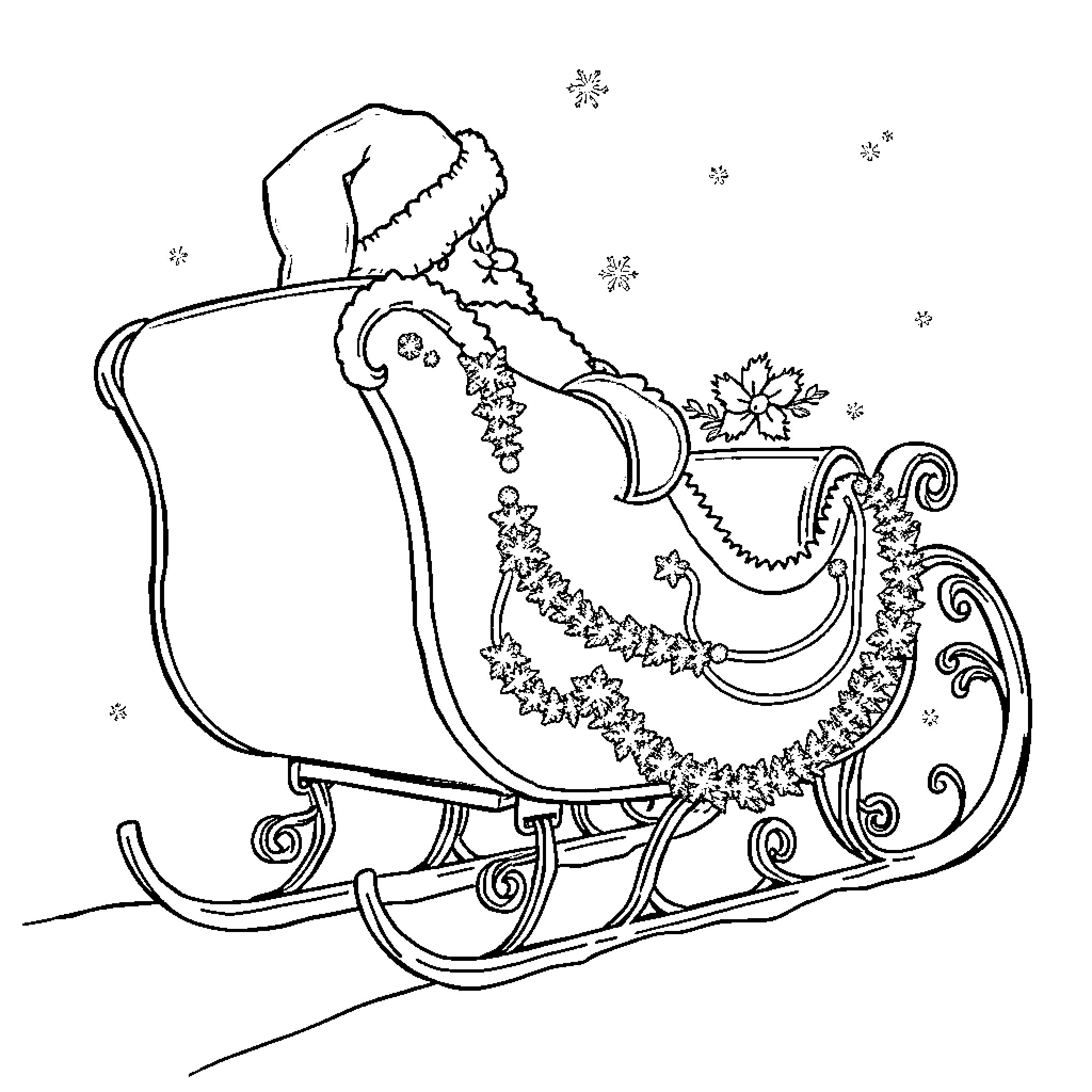 Sleigh with Festive Decorations and Snowfall Coloring Page (free black-and-white line drawing printable PDF for all, from beginners to advanced learners, including children, teens, adults, and seniors)