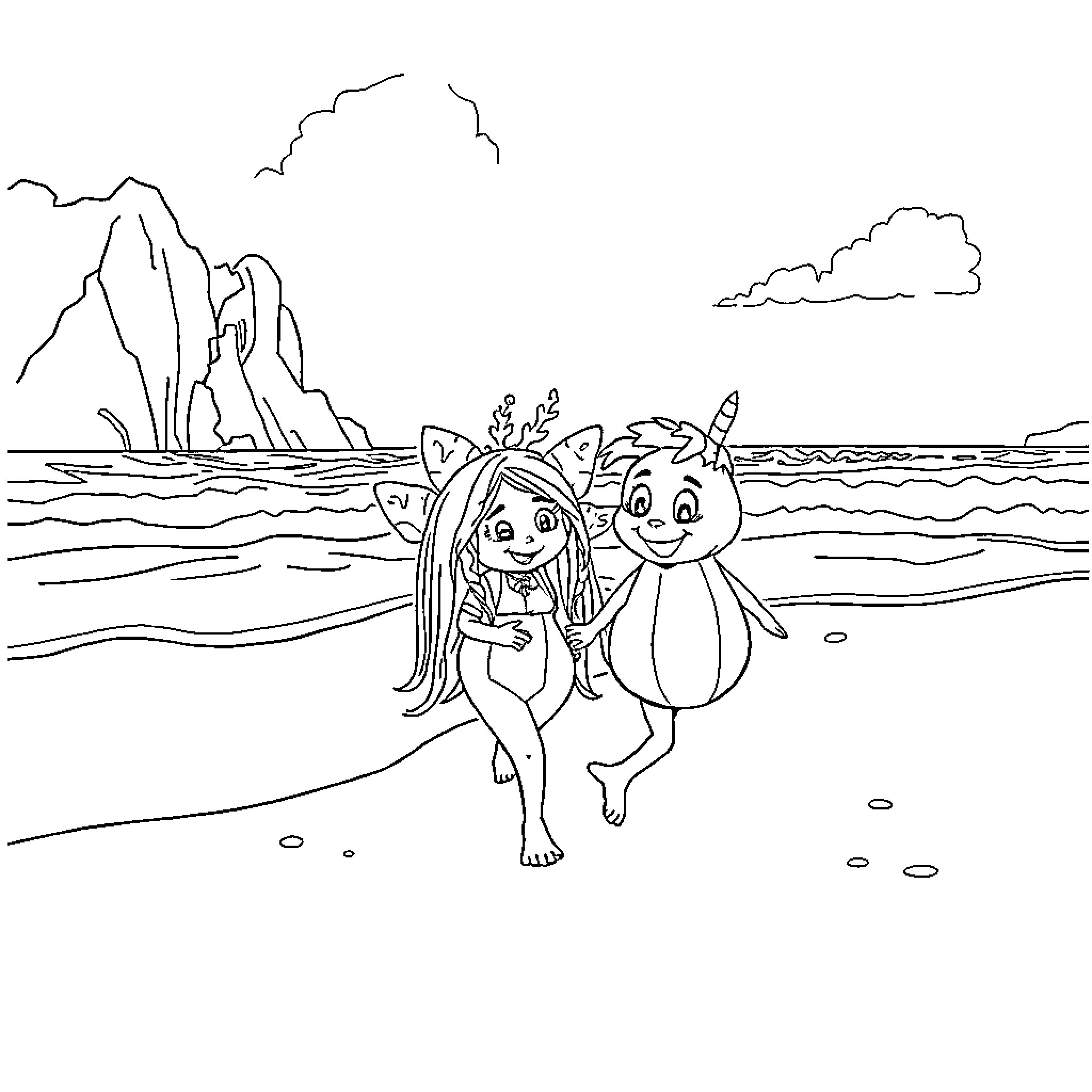 Bulbizare's whimsical beach adventure Coloring Page (free black-and-white line drawing printable PDF for all, from beginners to advanced learners, including children, teens, adults, and seniors)