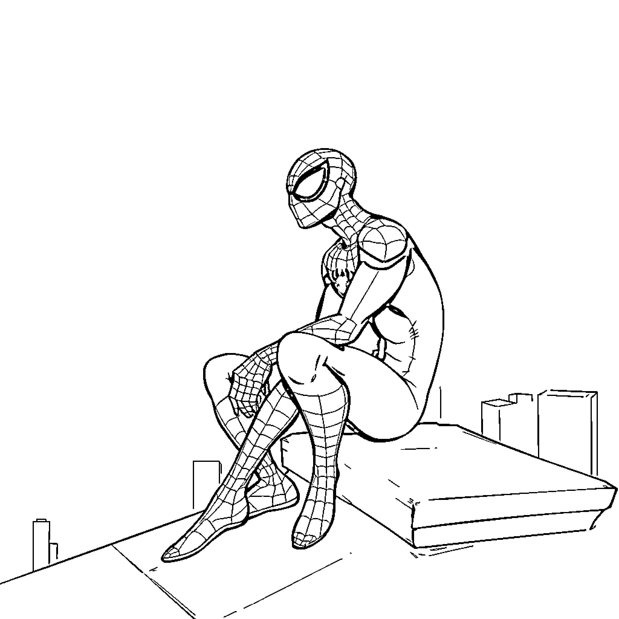 Spiderman contemplating on a rooftop Coloring Page (free black-and-white line drawing printable PDF for all, from beginners to advanced learners, including children, teens, adults, and seniors)
