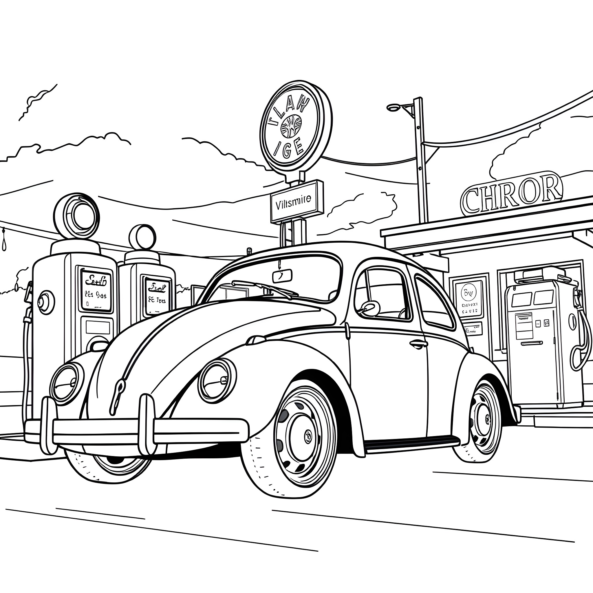 Volkswagen Beetle at a Vintage Gas Station Coloring Page (free black-and-white line drawing printable PDF for all, from beginners to advanced learners, including children, teens, adults, and seniors)