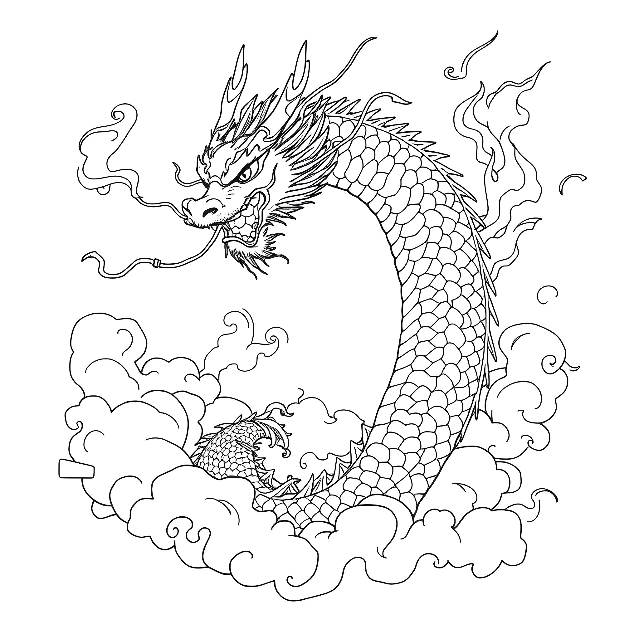 Dragon Soaring Majestically in Clouds Coloring Page (free black-and-white line drawing printable PDF for all, from beginners to advanced learners, including children, teens, adults, and seniors)