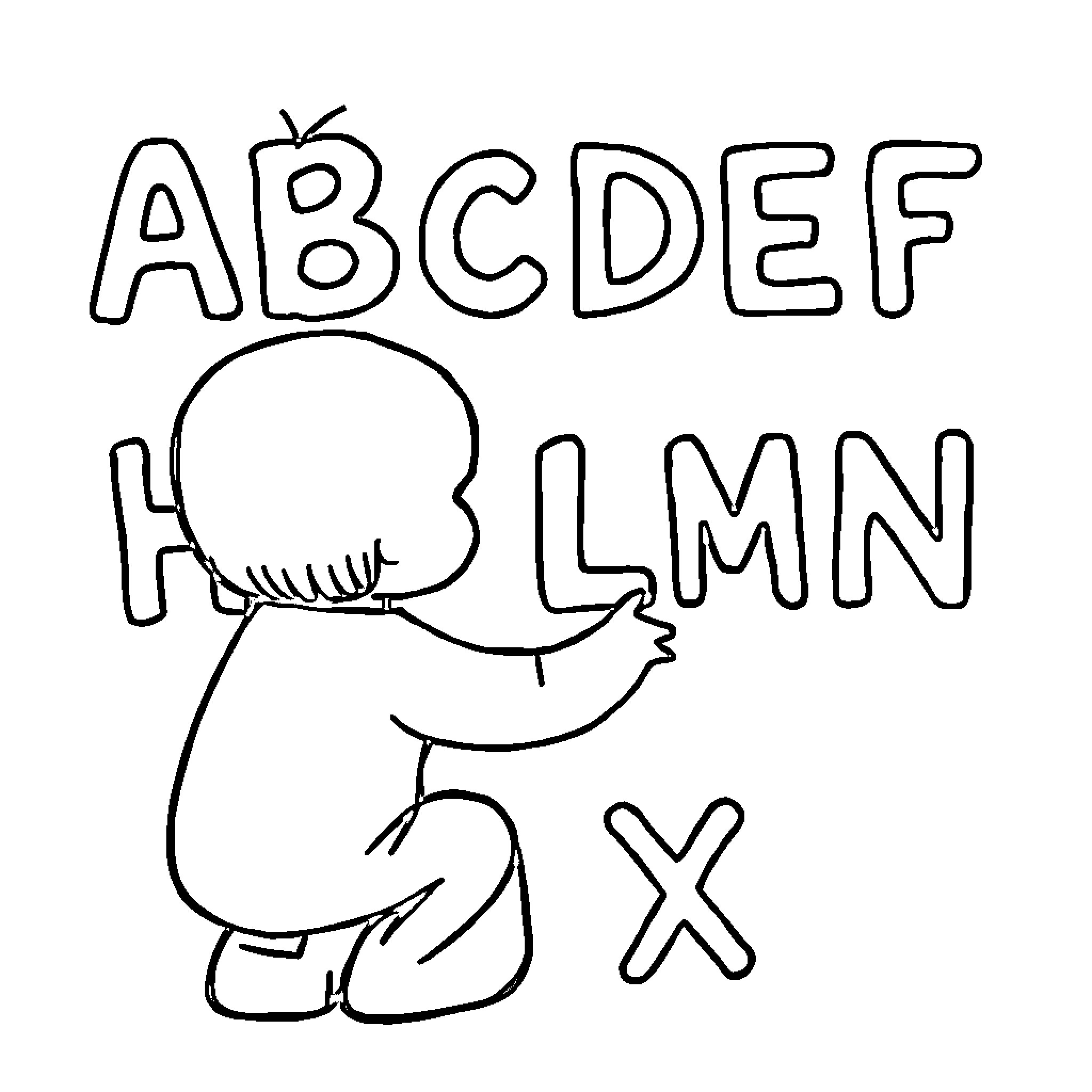 Alphabet characters with cartoon figure Coloring Page (free black-and-white line drawing printable PDF for all, from beginners to advanced learners, including children, teens, adults, and seniors)