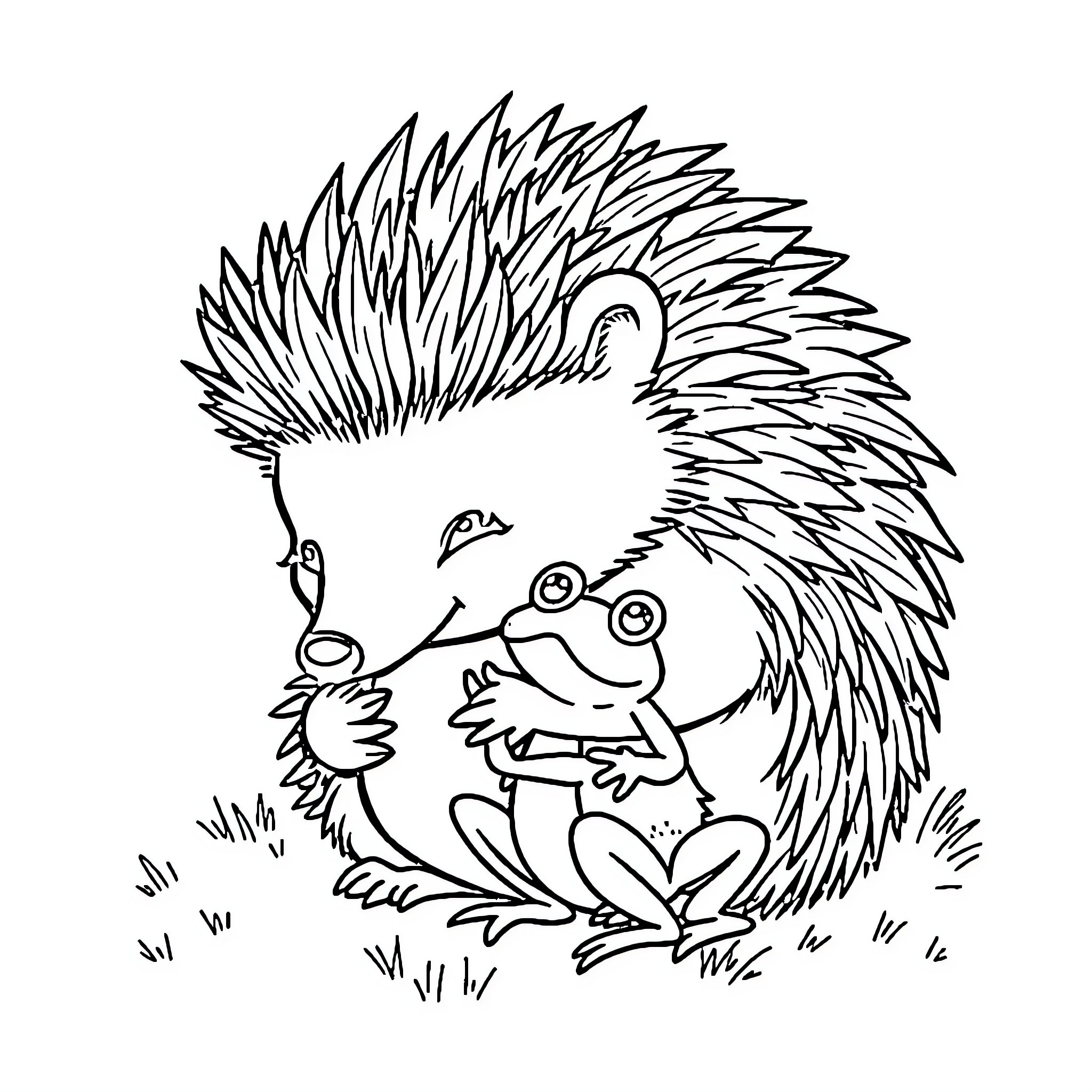 Hedgehog playing happily with a frog Coloring Page (free black-and-white line drawing printable PDF for all, from beginners to advanced learners, including children, teens, adults, and seniors)