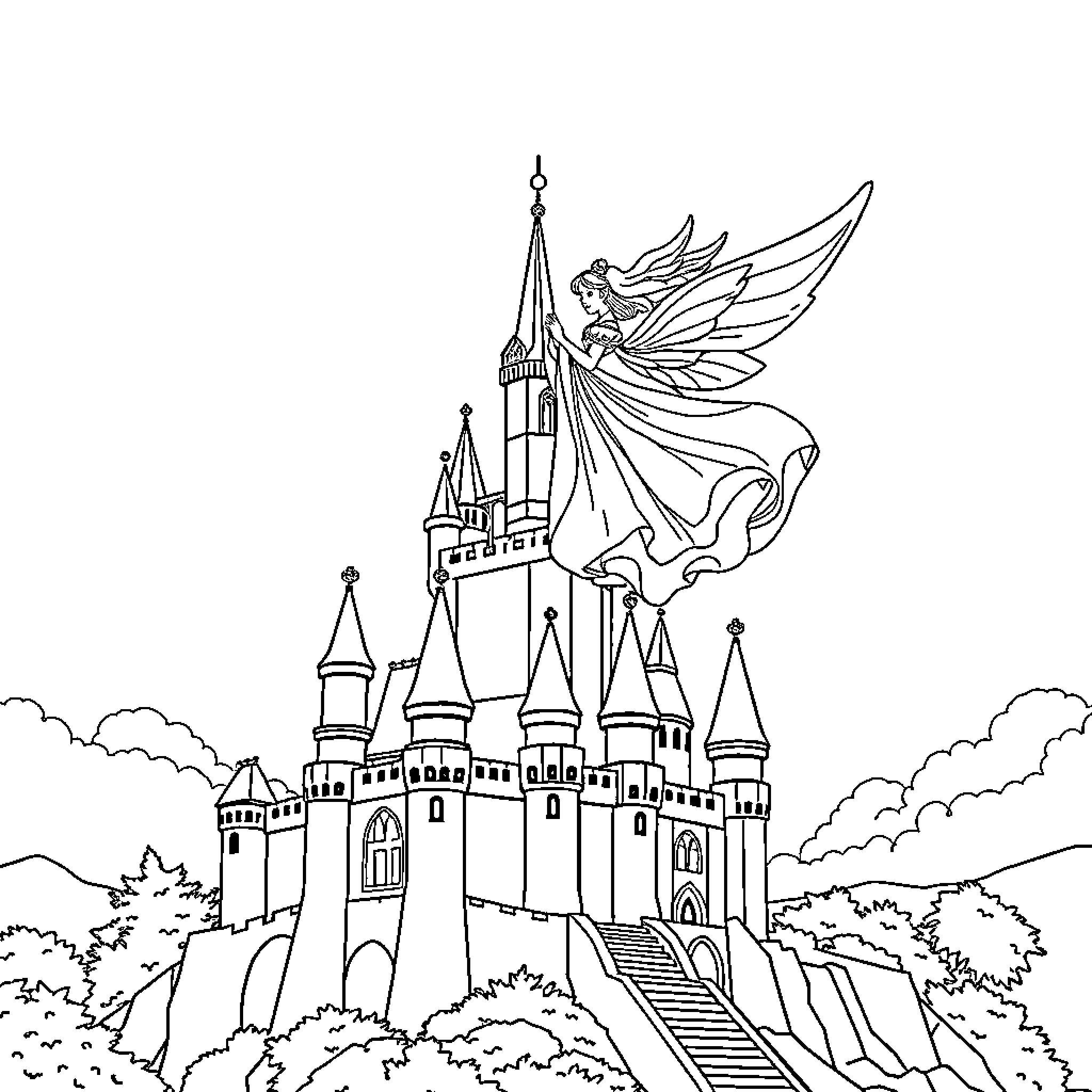 Princess Soaring Over a Magnificent Castle Coloring Page (free black-and-white line drawing printable PDF for all, from beginners to advanced learners, including children, teens, adults, and seniors)