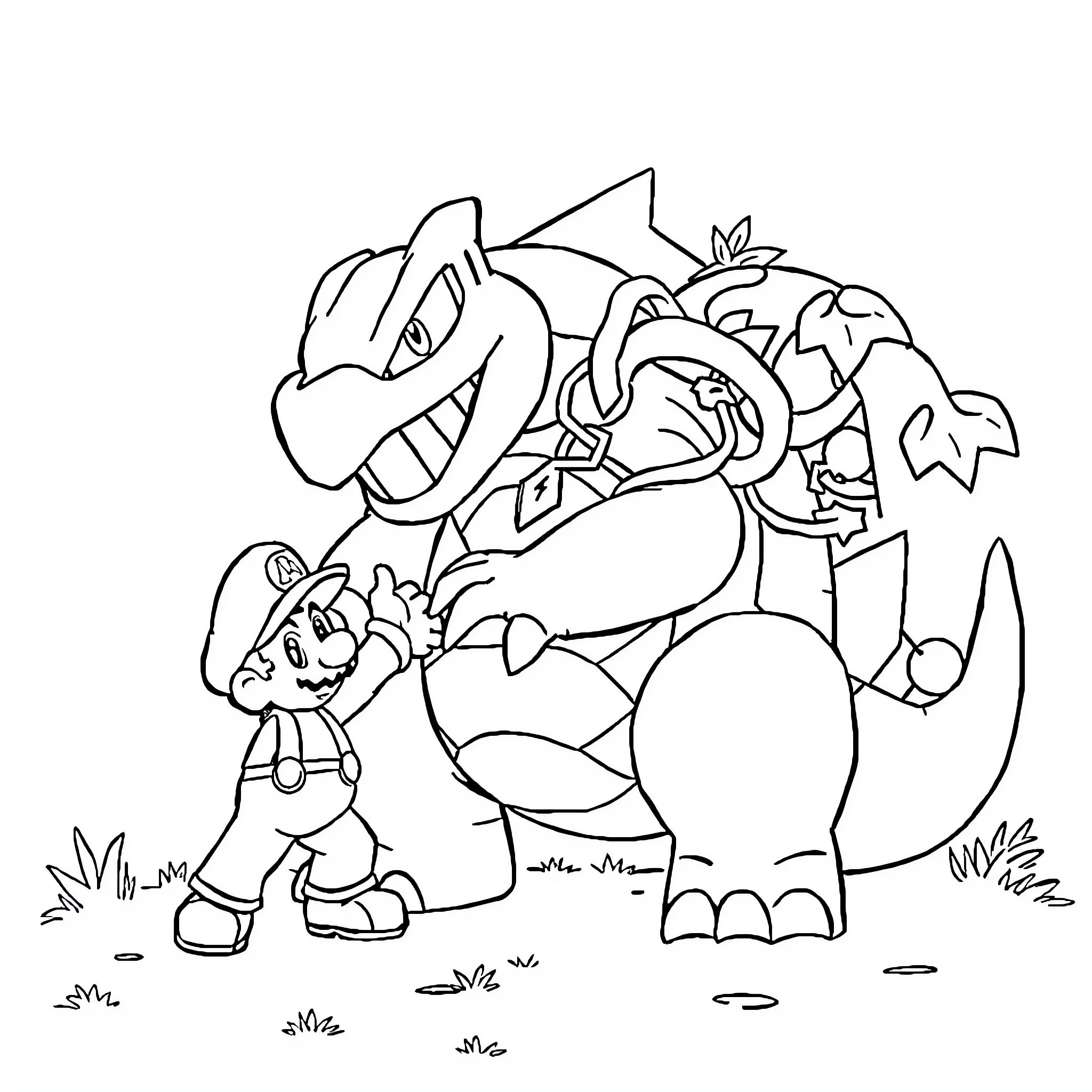 Torterra protecting a small companion in the wilderness Coloring Page (free black-and-white line drawing printable PDF for all, from beginners to advanced learners, including children, teens, adults, and seniors)