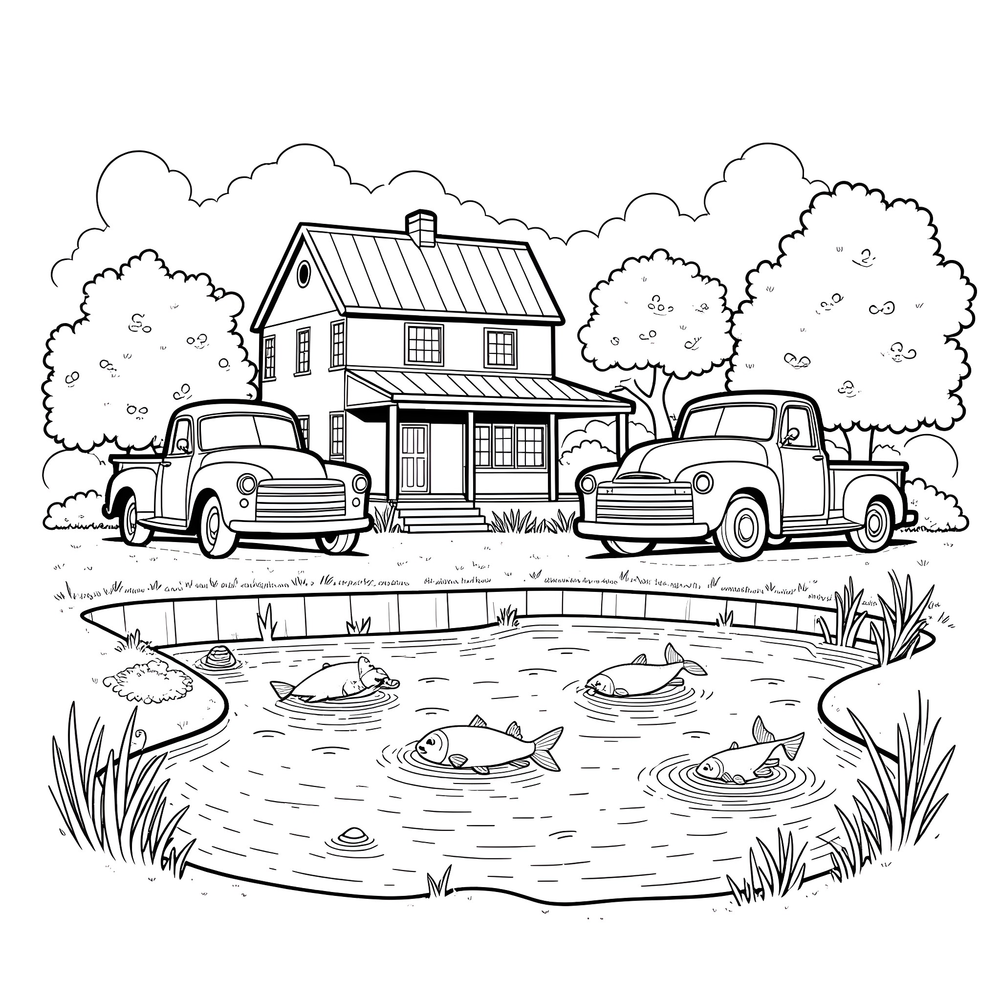 Farmhouse with Vintage Trucks and Pond Coloring Page (free black-and-white line drawing printable PDF for all, from beginners to advanced learners, including children, teens, adults, and seniors)