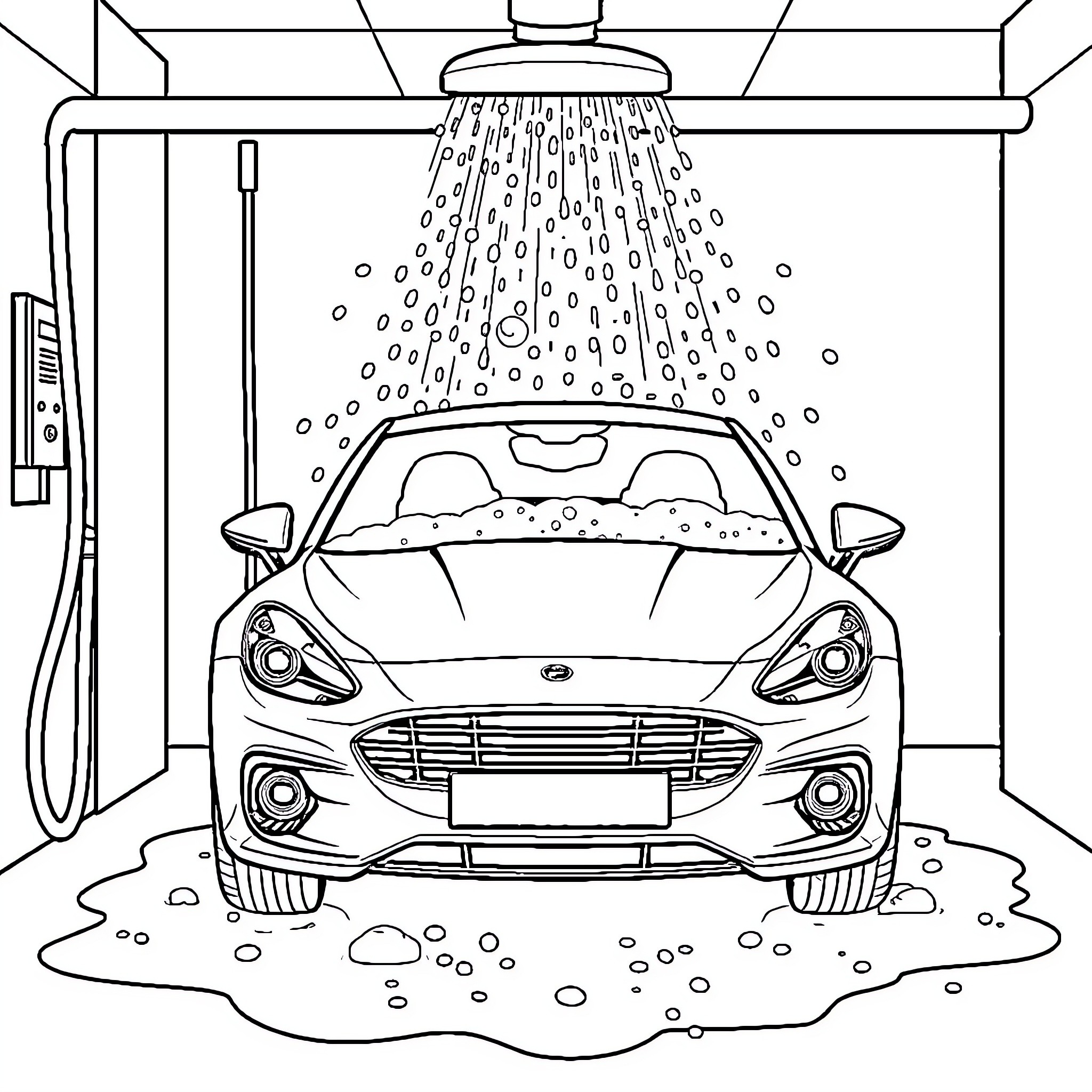 Car being washed in a car wash Coloring Page (free black-and-white line drawing printable PDF for all, from beginners to advanced learners, including children, teens, adults, and seniors)