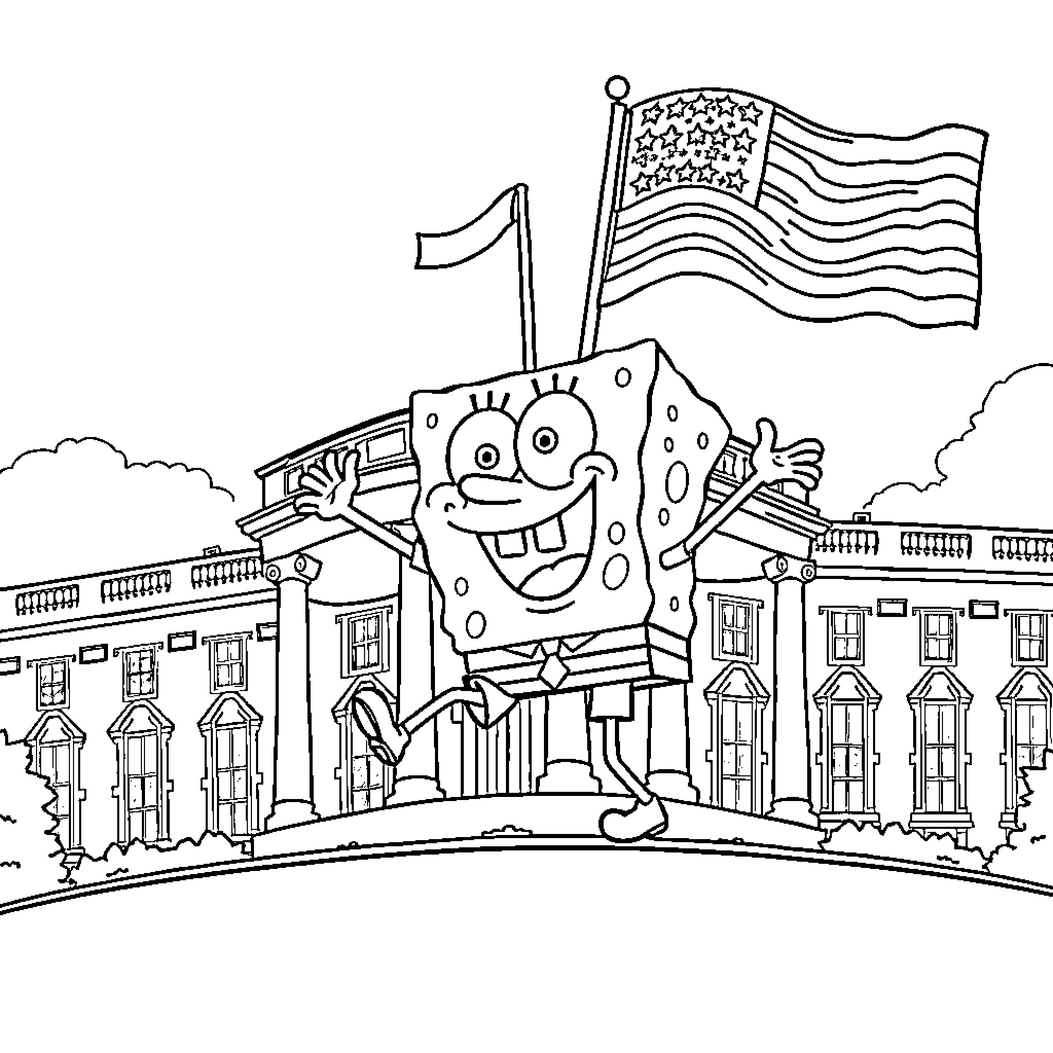 Spongebob waving American flag in front of building Coloring Page (free black-and-white line drawing printable PDF for all, from beginners to advanced learners, including children, teens, adults, and seniors)
