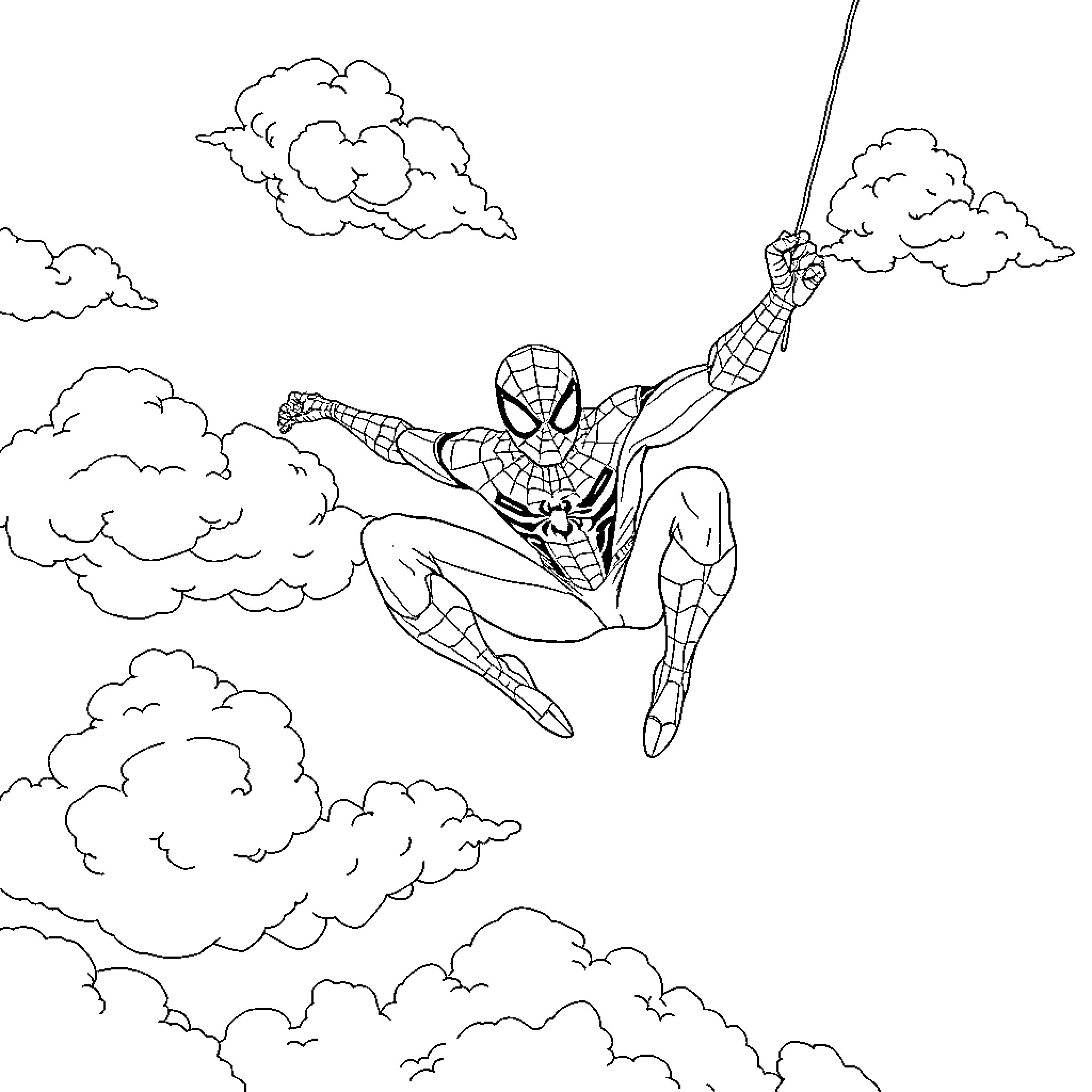 Spiderman swinging through the clouds with determination Coloring Page (free black-and-white line drawing printable PDF for all, from beginners to advanced learners, including children, teens, adults, and seniors)